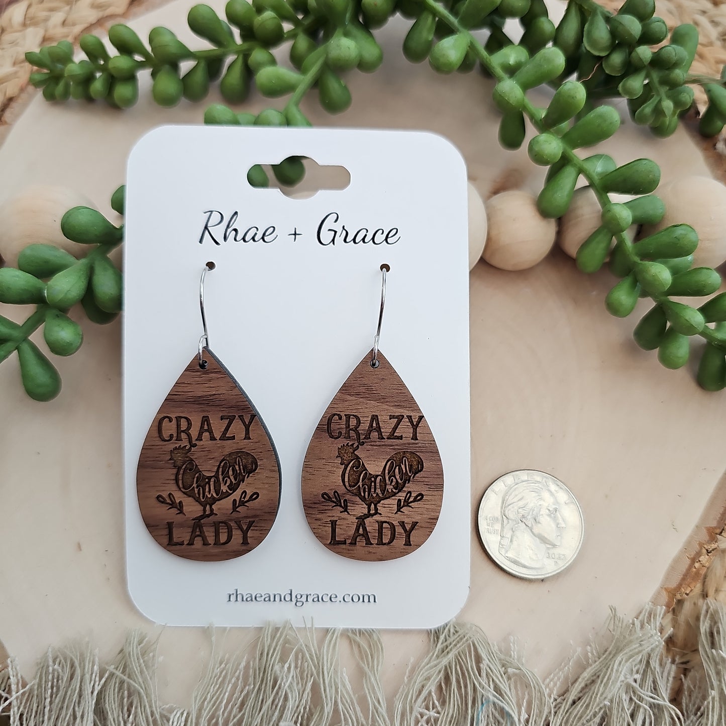 Crazy Chicken Lady Wood Teardrop Earrings
