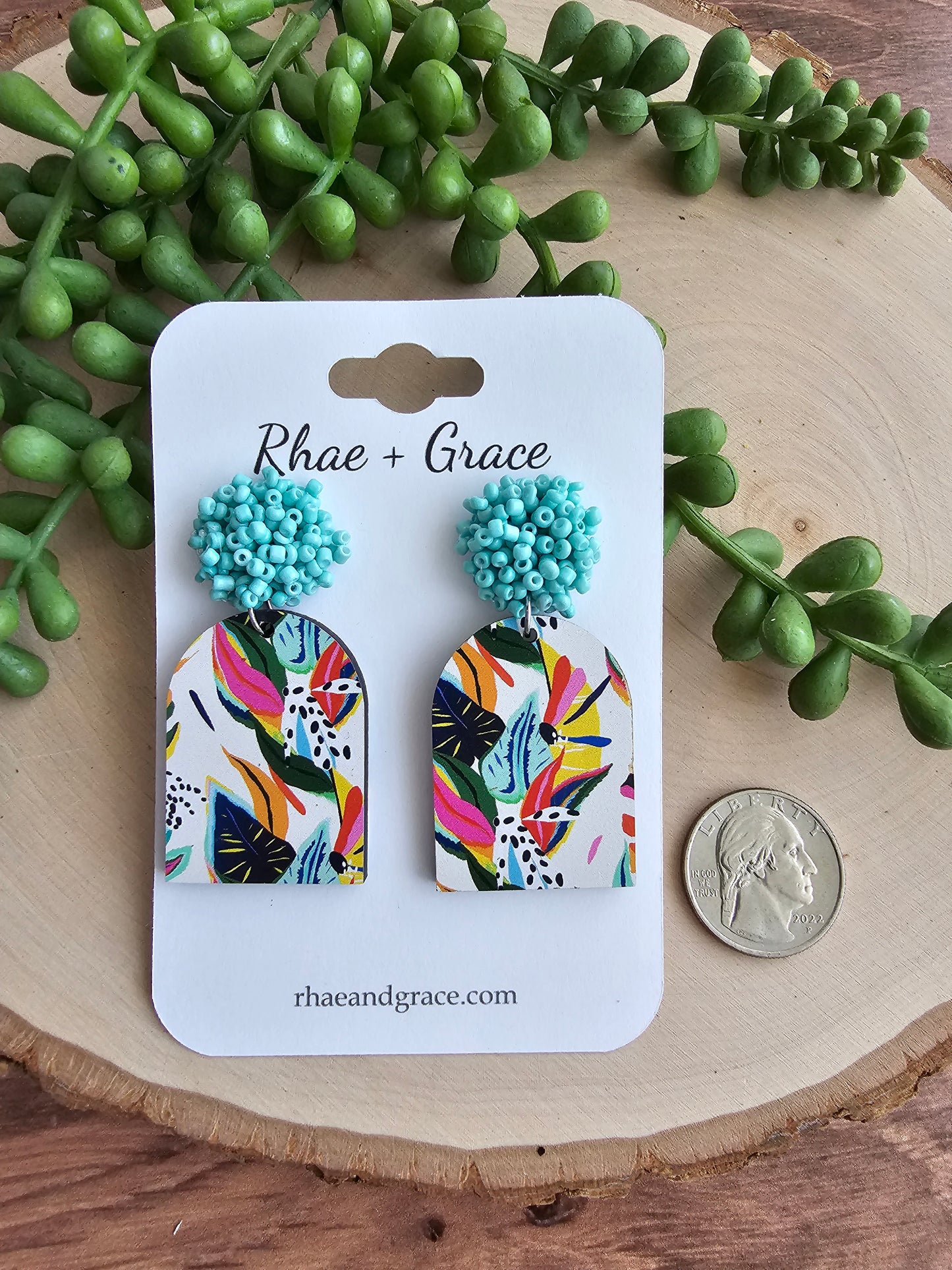 Turquoise Beaded Pom Stud Tropical Paradise Closed Arch Wood Earrings