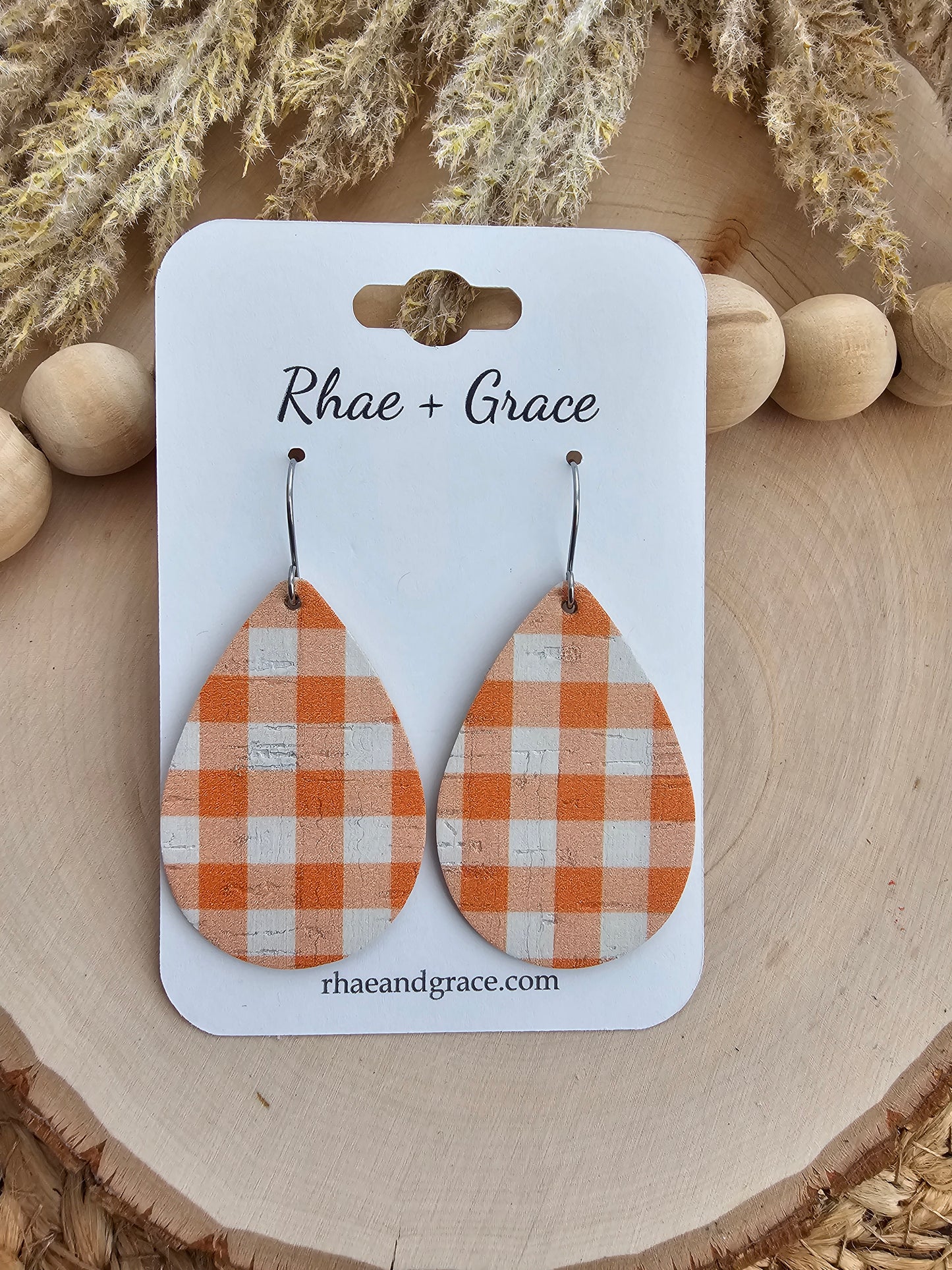 Orange & White Buffalo Plaid Teardrop Earrings - Medium
