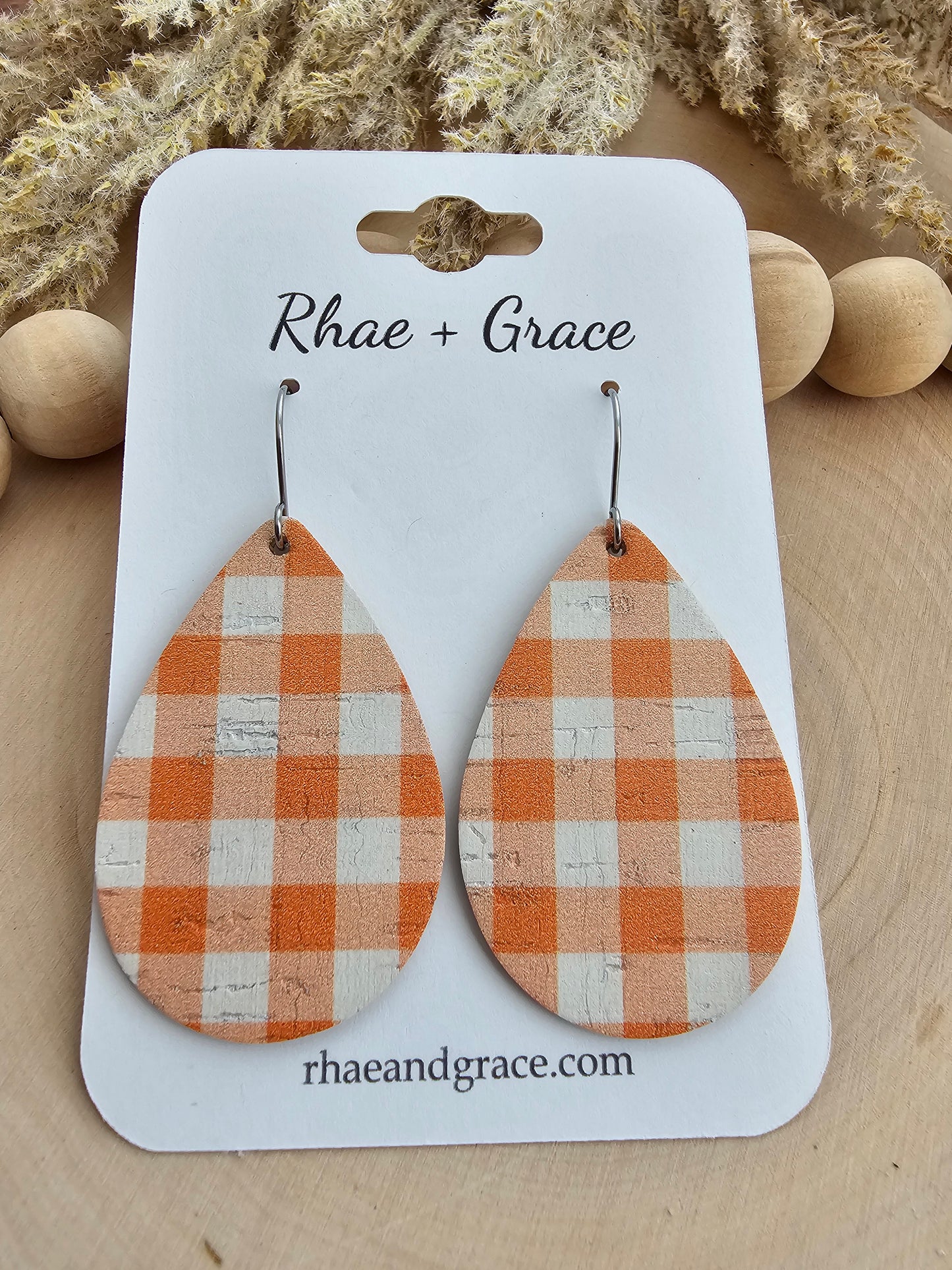 Orange & White Buffalo Plaid Teardrop Earrings - Medium