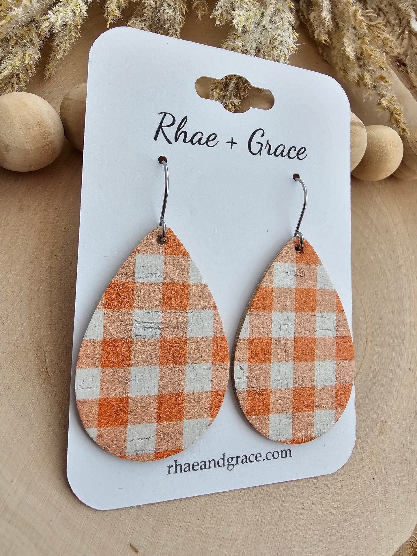 Orange & White Buffalo Plaid Teardrop Earrings - Medium