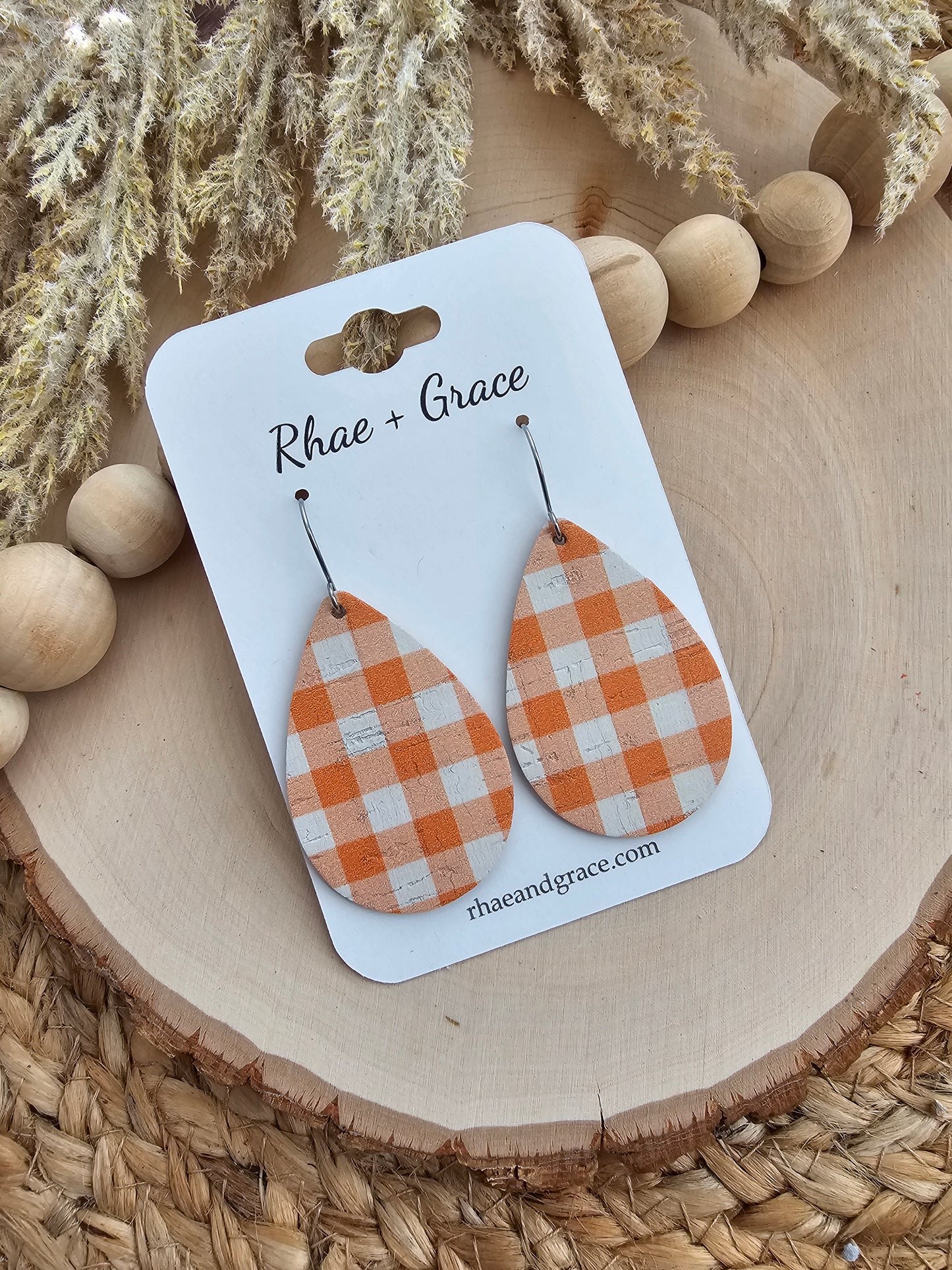 Orange & White Buffalo Plaid Teardrop Earrings - Medium