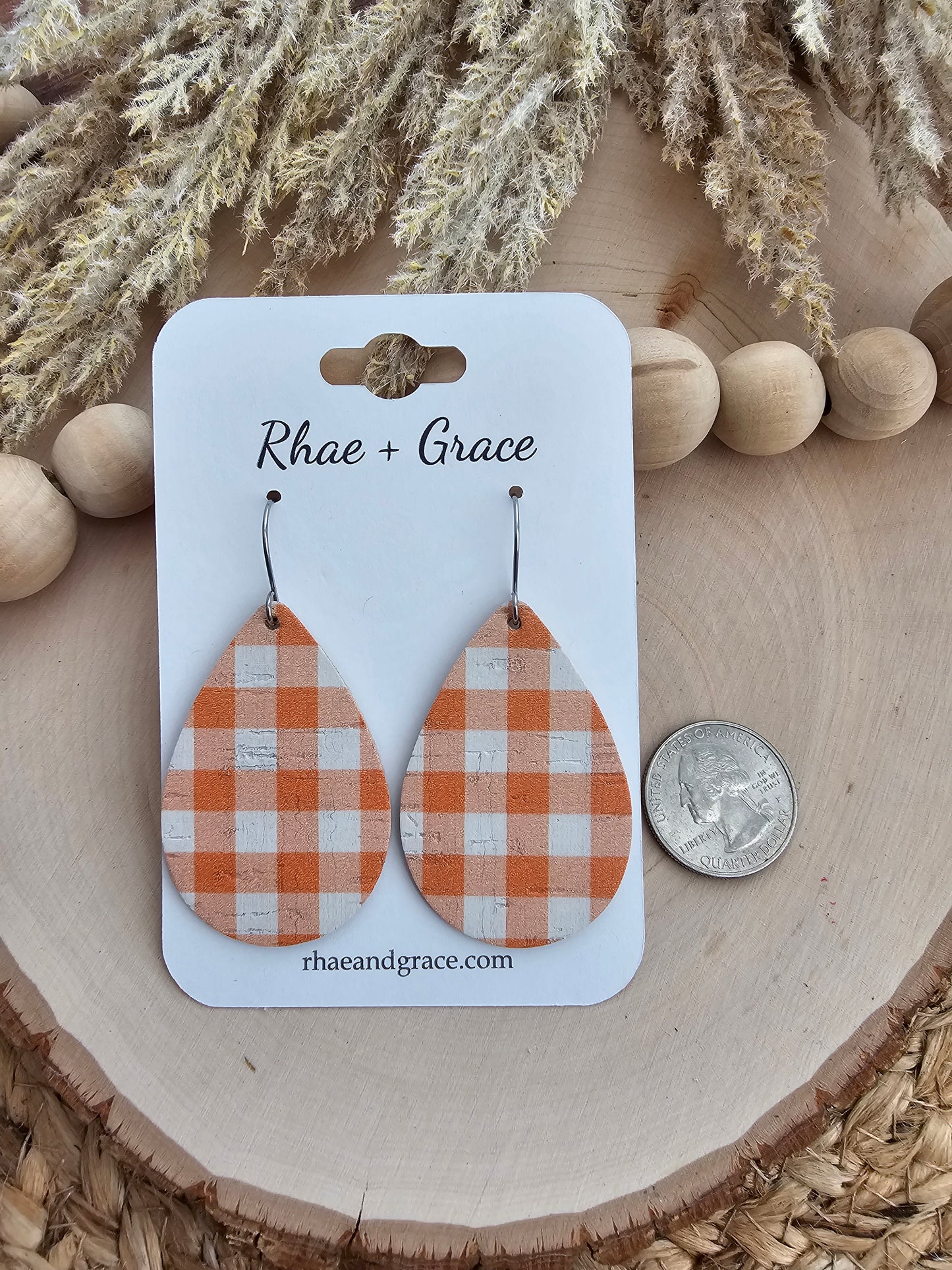 Orange & White Buffalo Plaid Teardrop Earrings - Medium