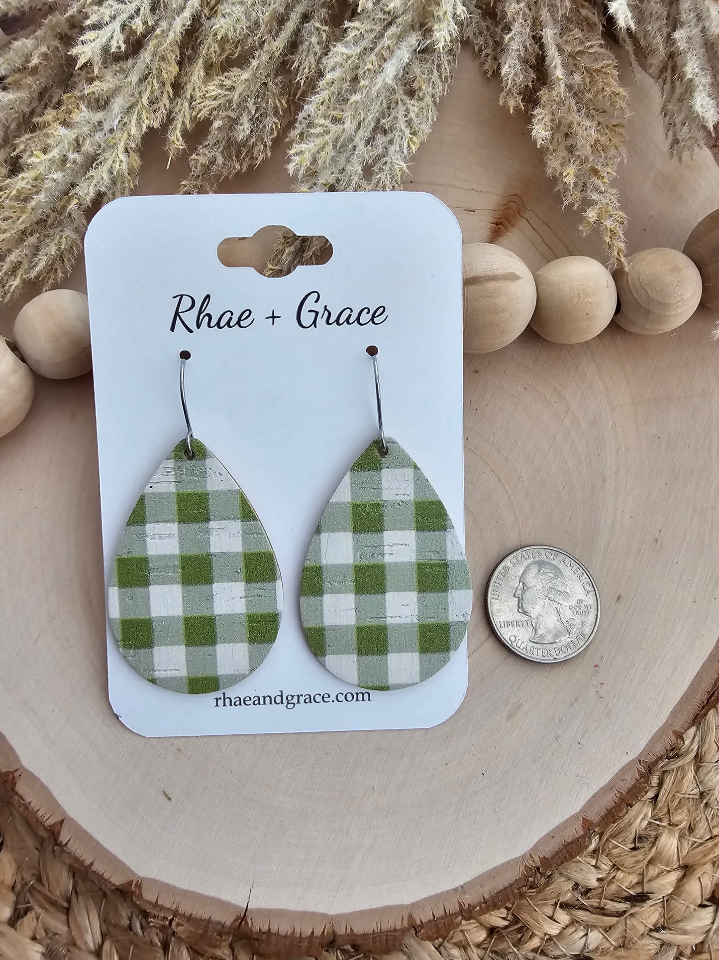 Light Olive & White Buffalo Plaid Teardrop Earrings - Medium