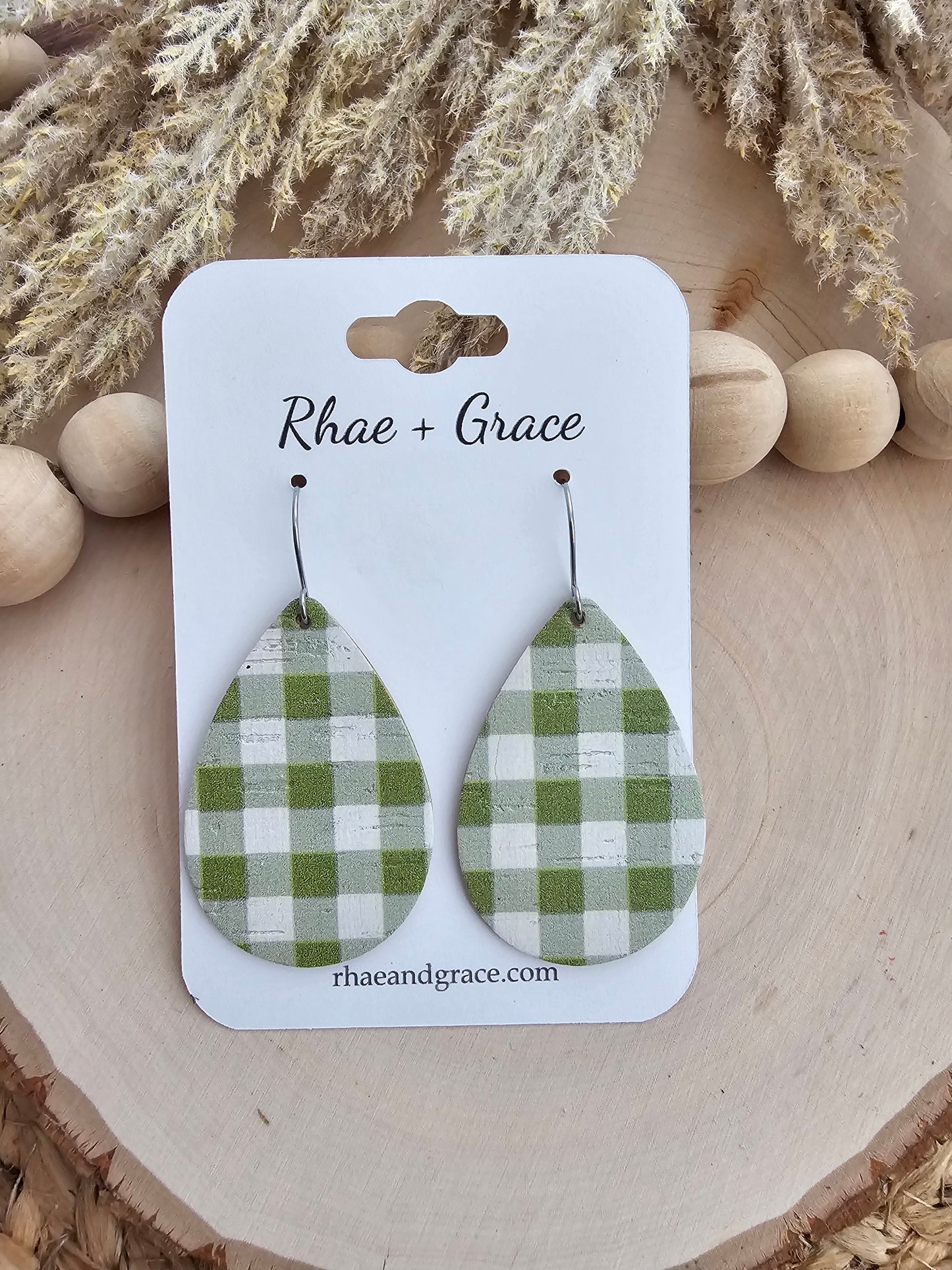 Light Olive & White Buffalo Plaid Teardrop Earrings - Medium