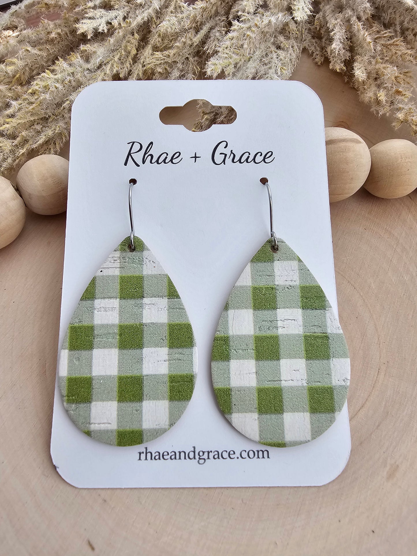 Light Olive & White Buffalo Plaid Teardrop Earrings - Medium