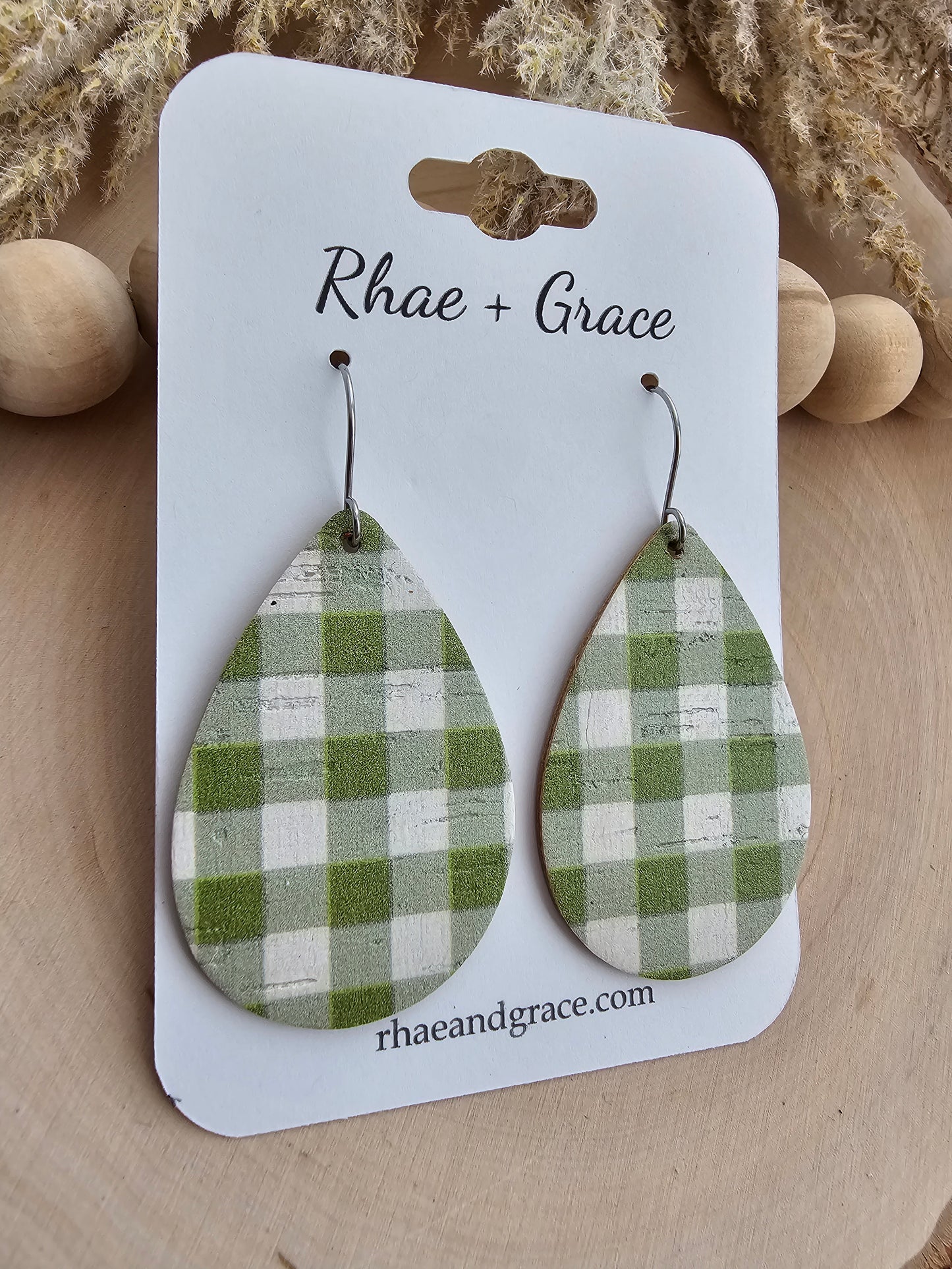 Light Olive & White Buffalo Plaid Teardrop Earrings - Medium
