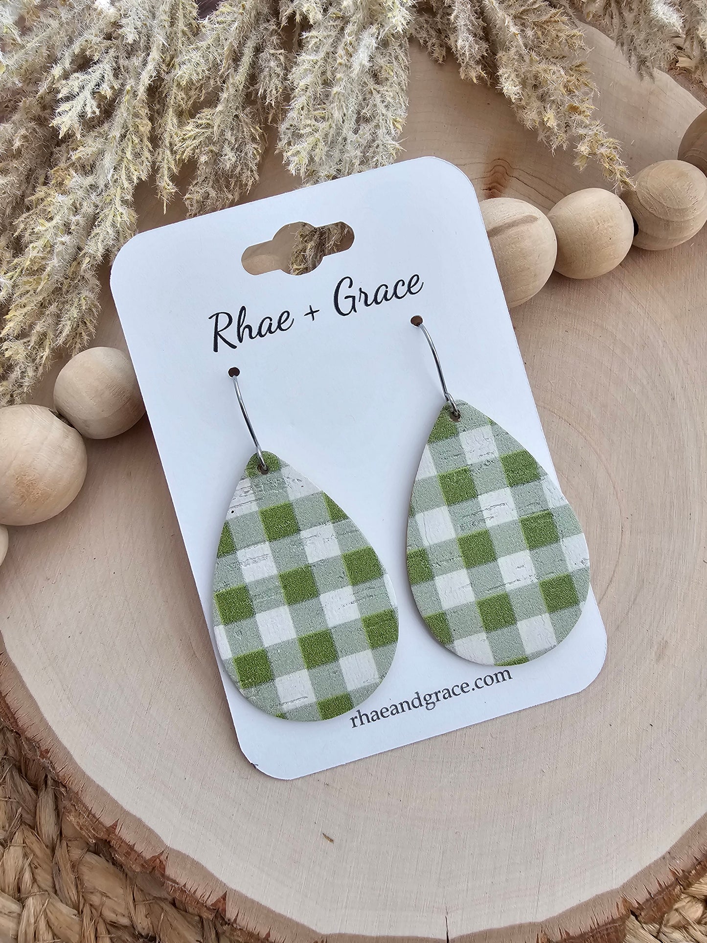 Light Olive & White Buffalo Plaid Teardrop Earrings - Medium