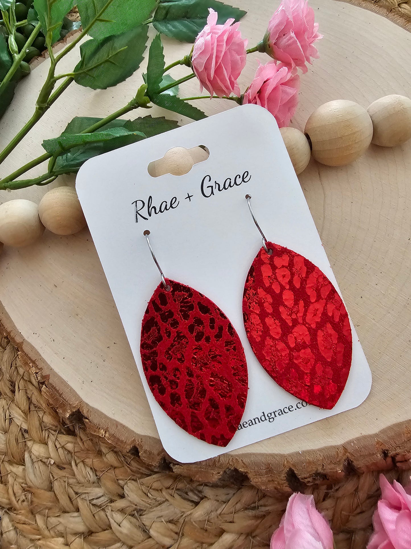 Red Leopard Print Shimmer Leaf Leather Earrings