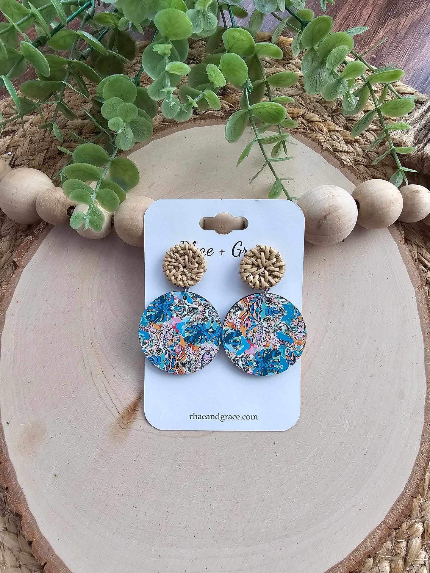 Tropical Wood Circle & Rattan Earrings