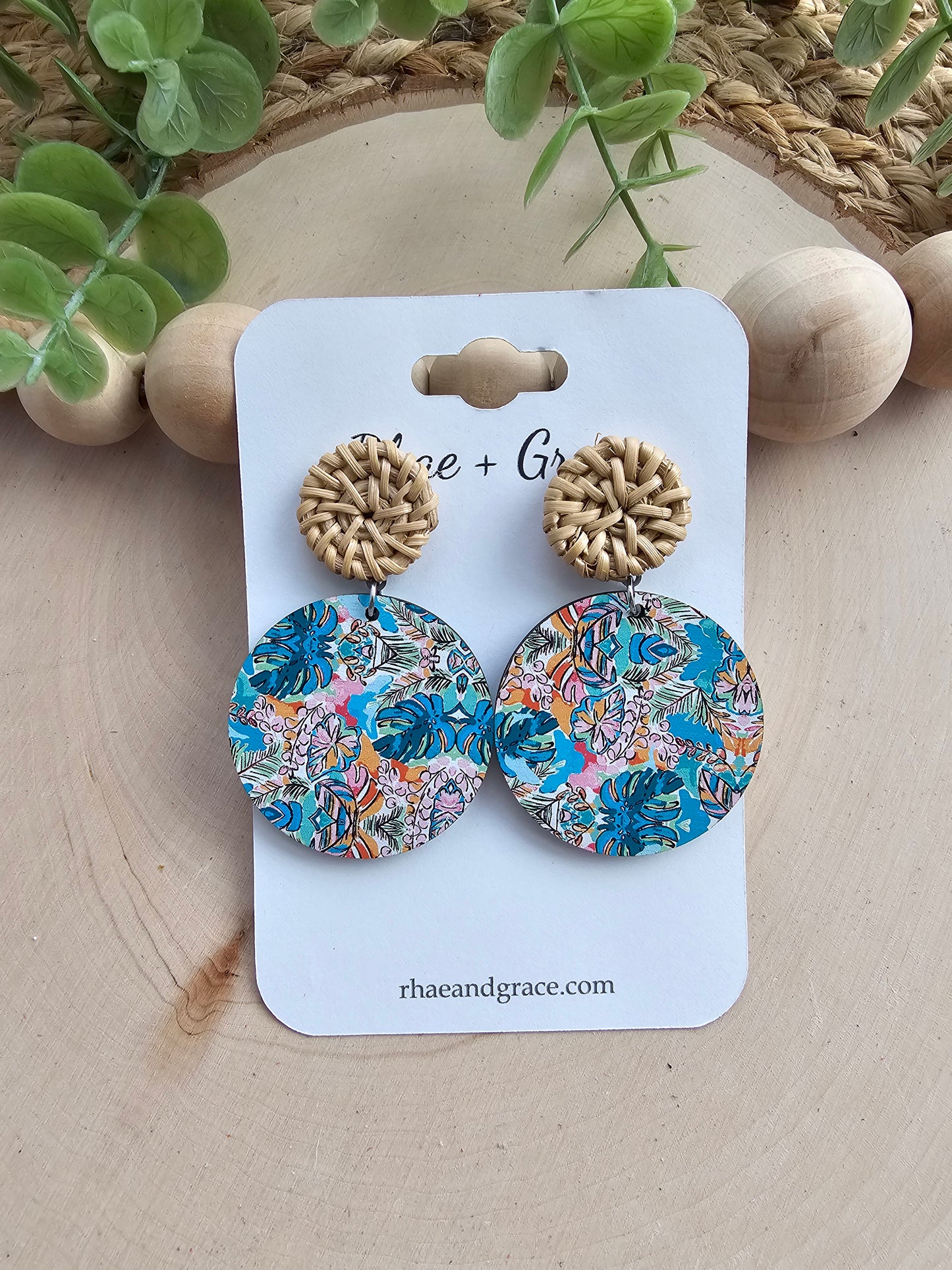 Tropical Wood Circle & Rattan Earrings