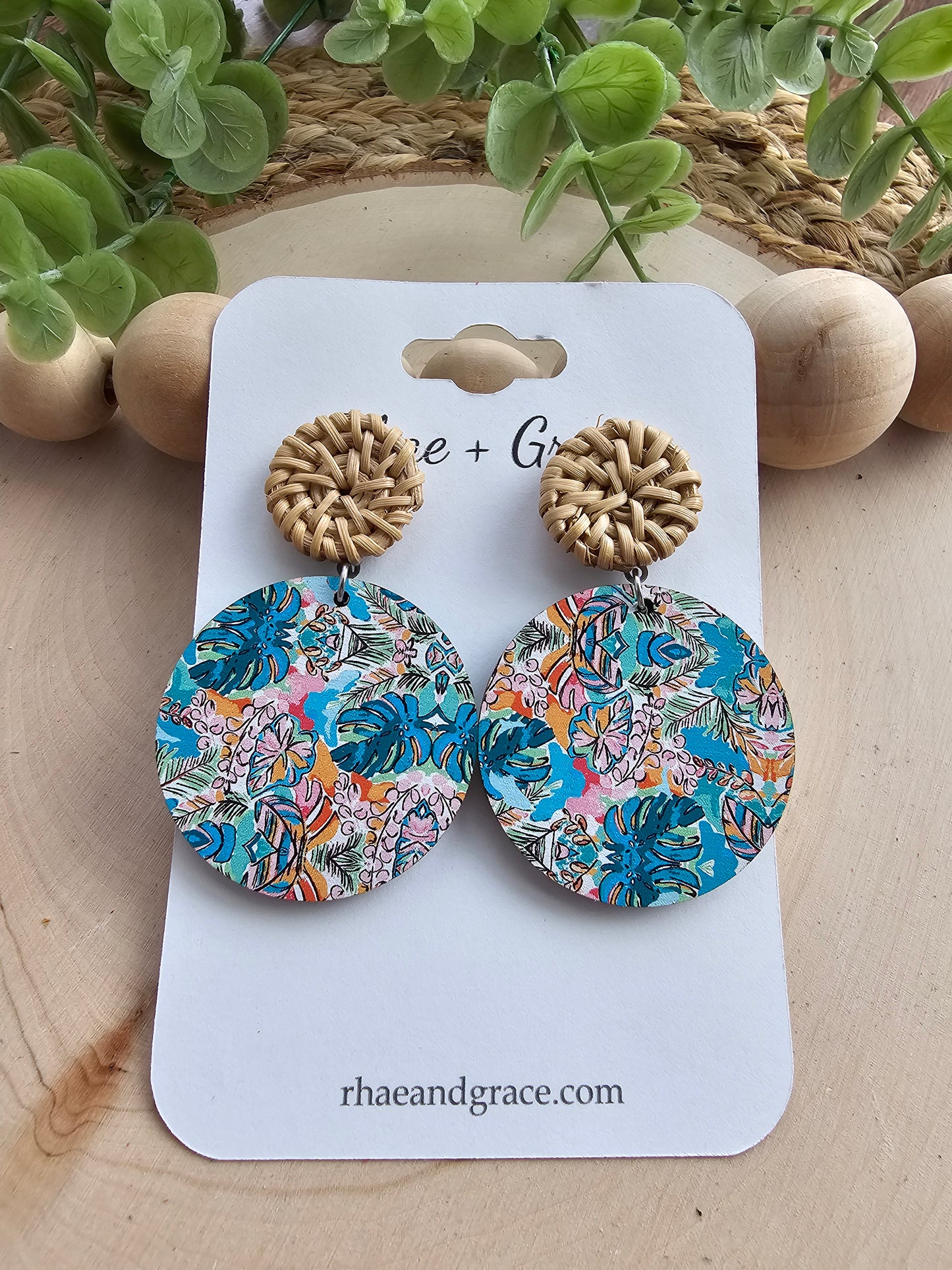 Tropical Wood Circle & Rattan Earrings