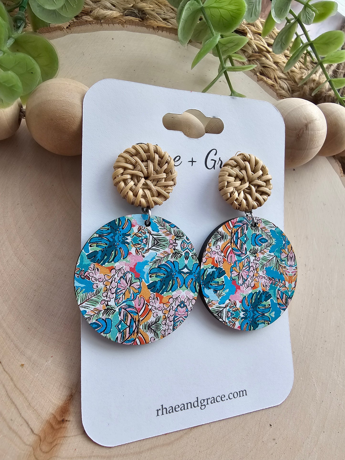 Tropical Wood Circle & Rattan Earrings