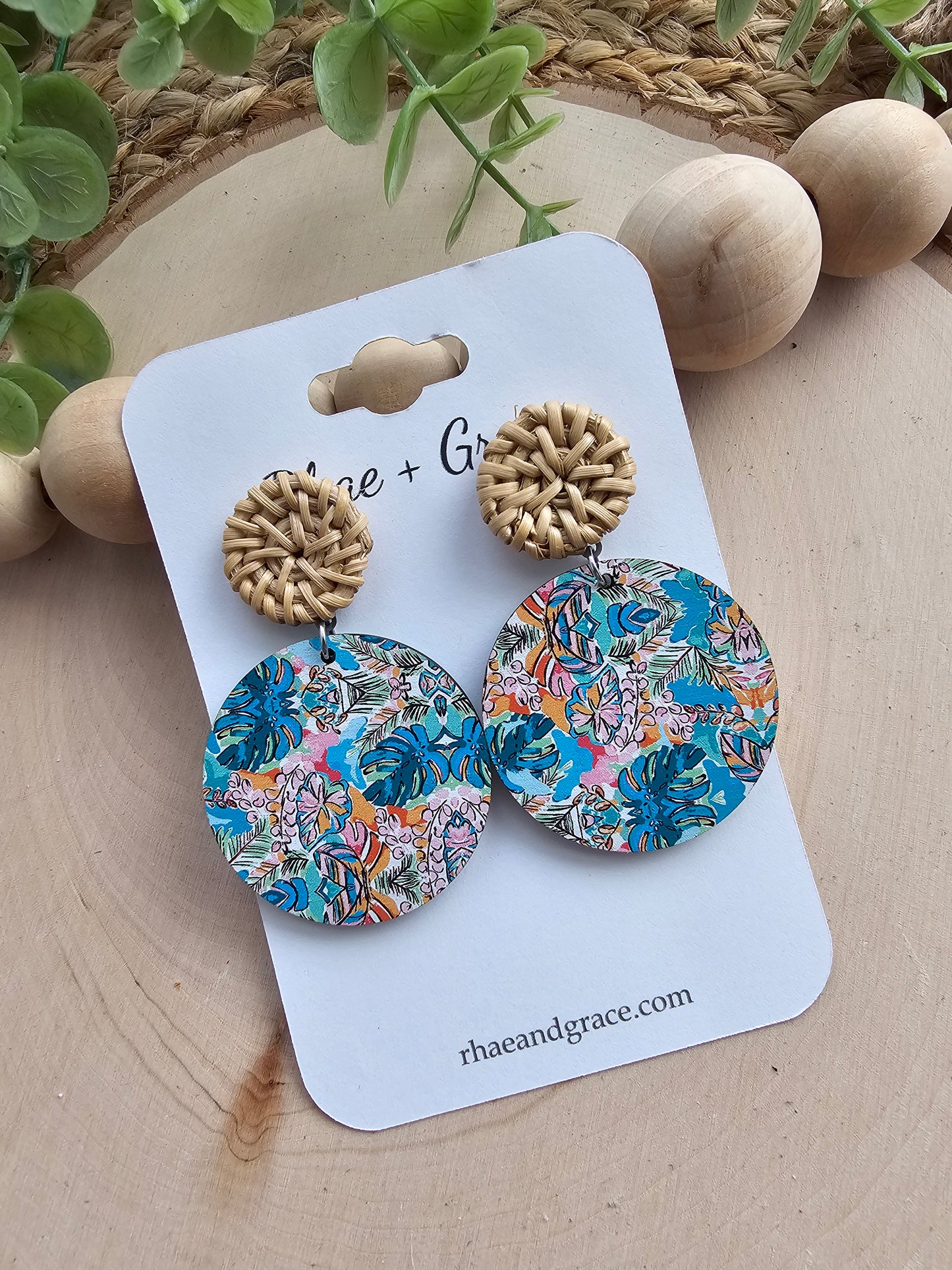 Tropical Wood Circle & Rattan Earrings