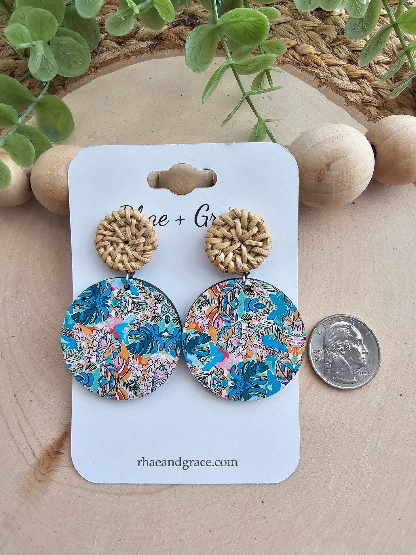 Tropical Wood Circle & Rattan Earrings