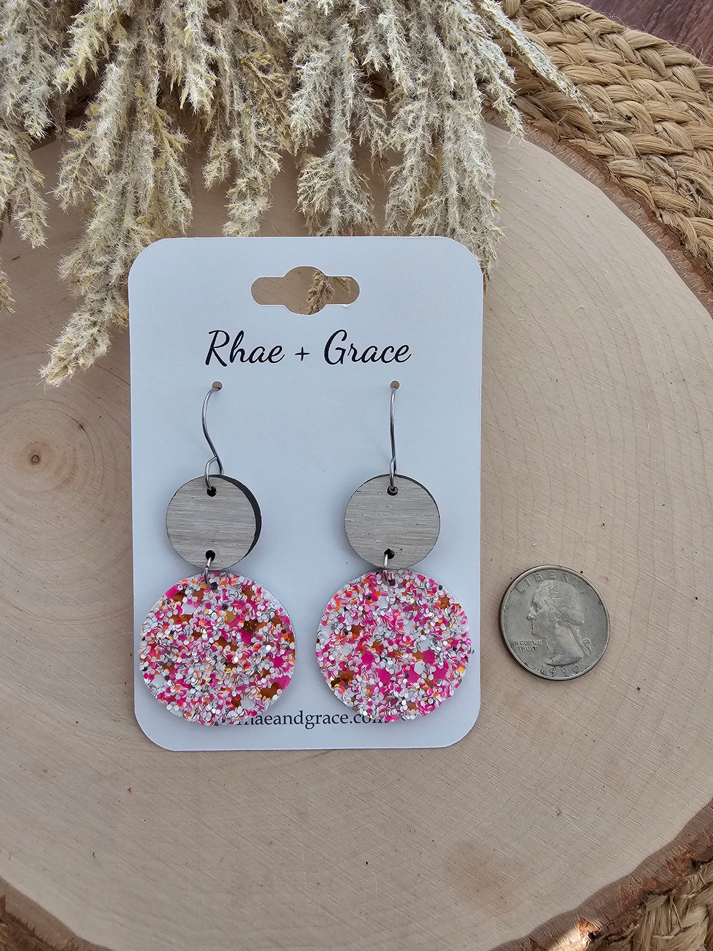 Pink & White Speckled Circle Drop Earrings