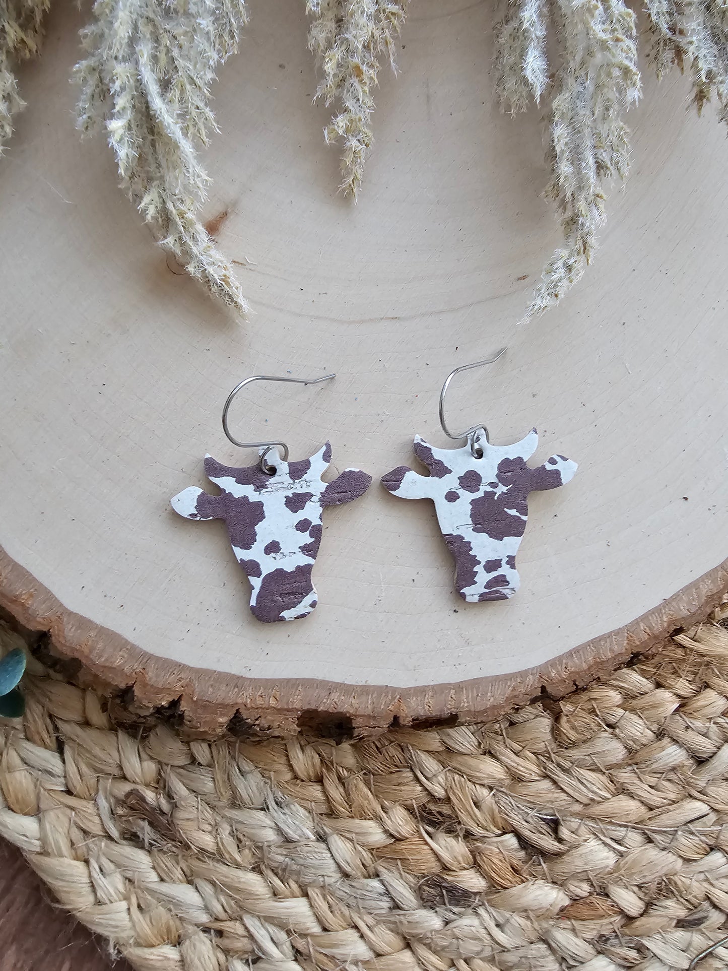 Brown & Cream Cow Head Earrings