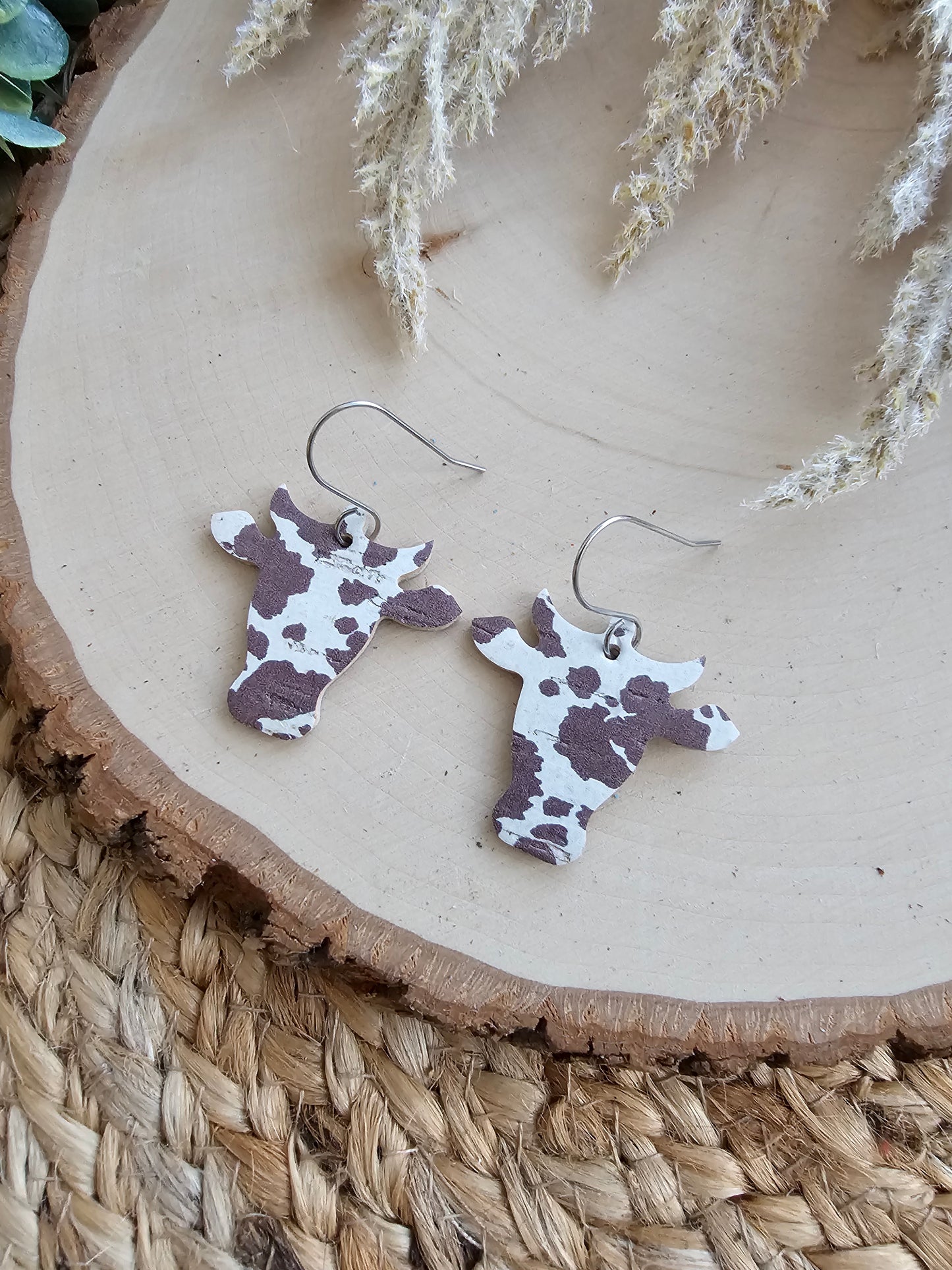 Brown & Cream Cow Head Earrings