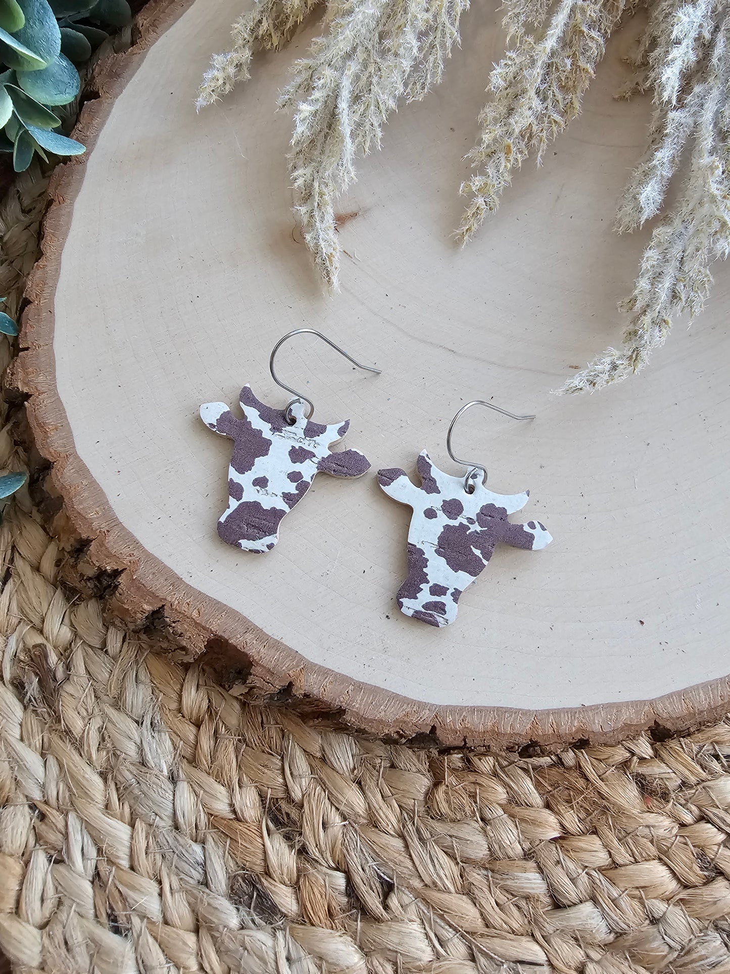Brown & Cream Cow Head Earrings