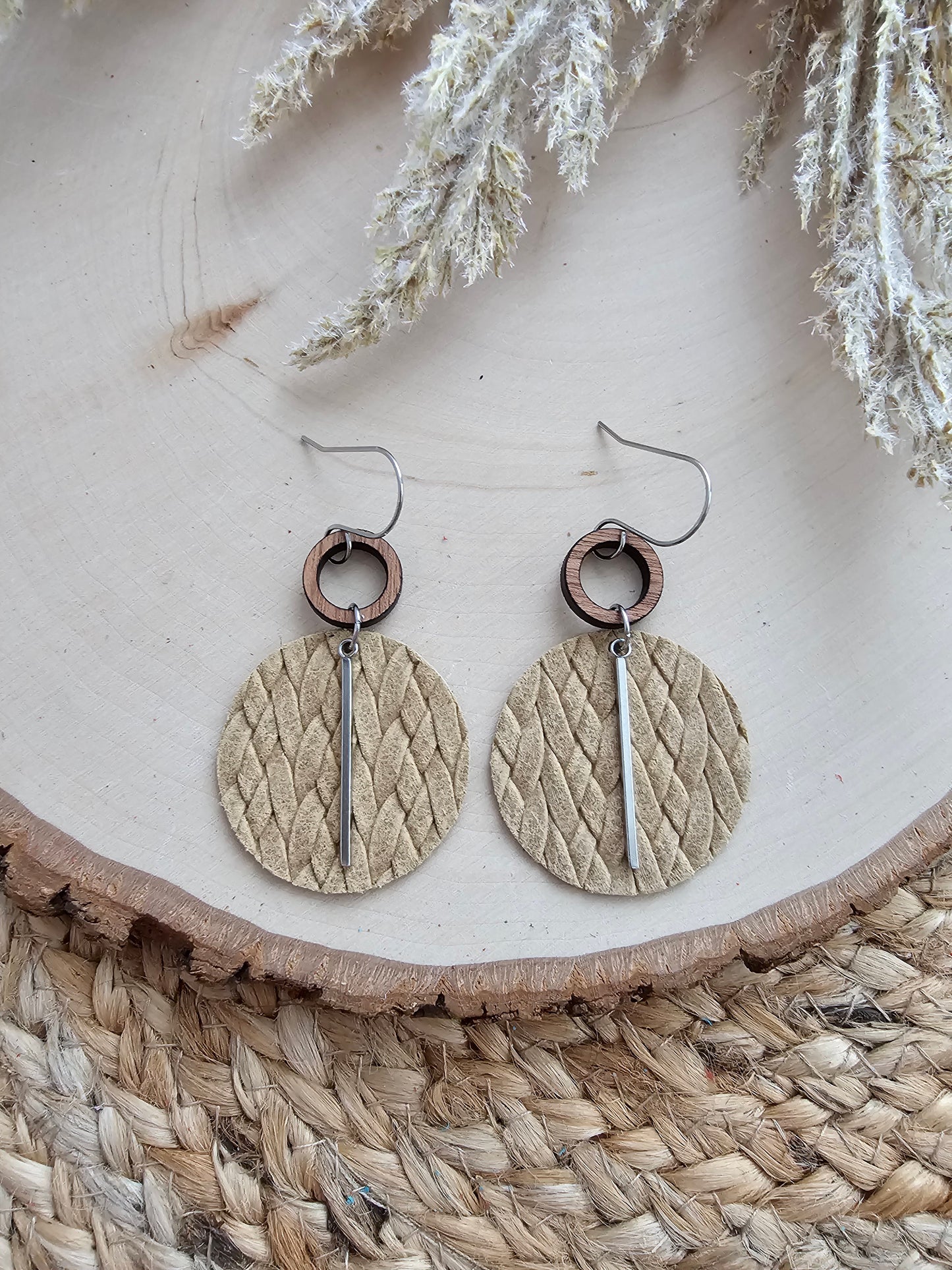 Beige Braided Circle Earrings - Silver or Gold