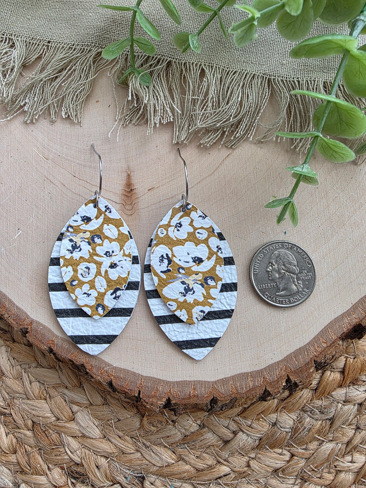 Yellow Floral and Black & White Striped Layered Leaf Earrings