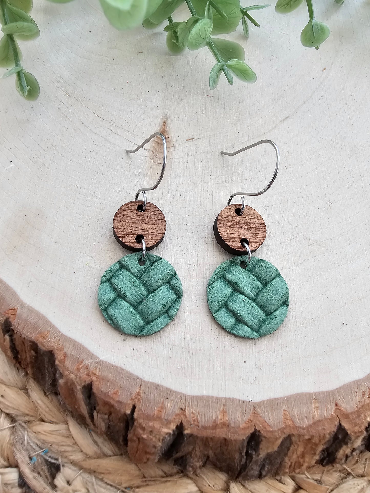 Spring Green Embossed Braid Dainty Circle Earrings