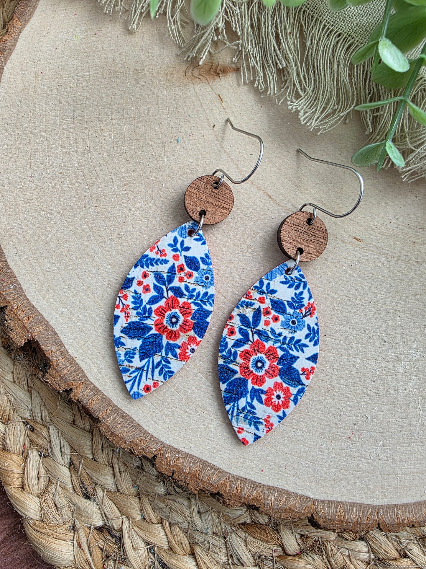 Patriotic Floral Leaf Earrings
