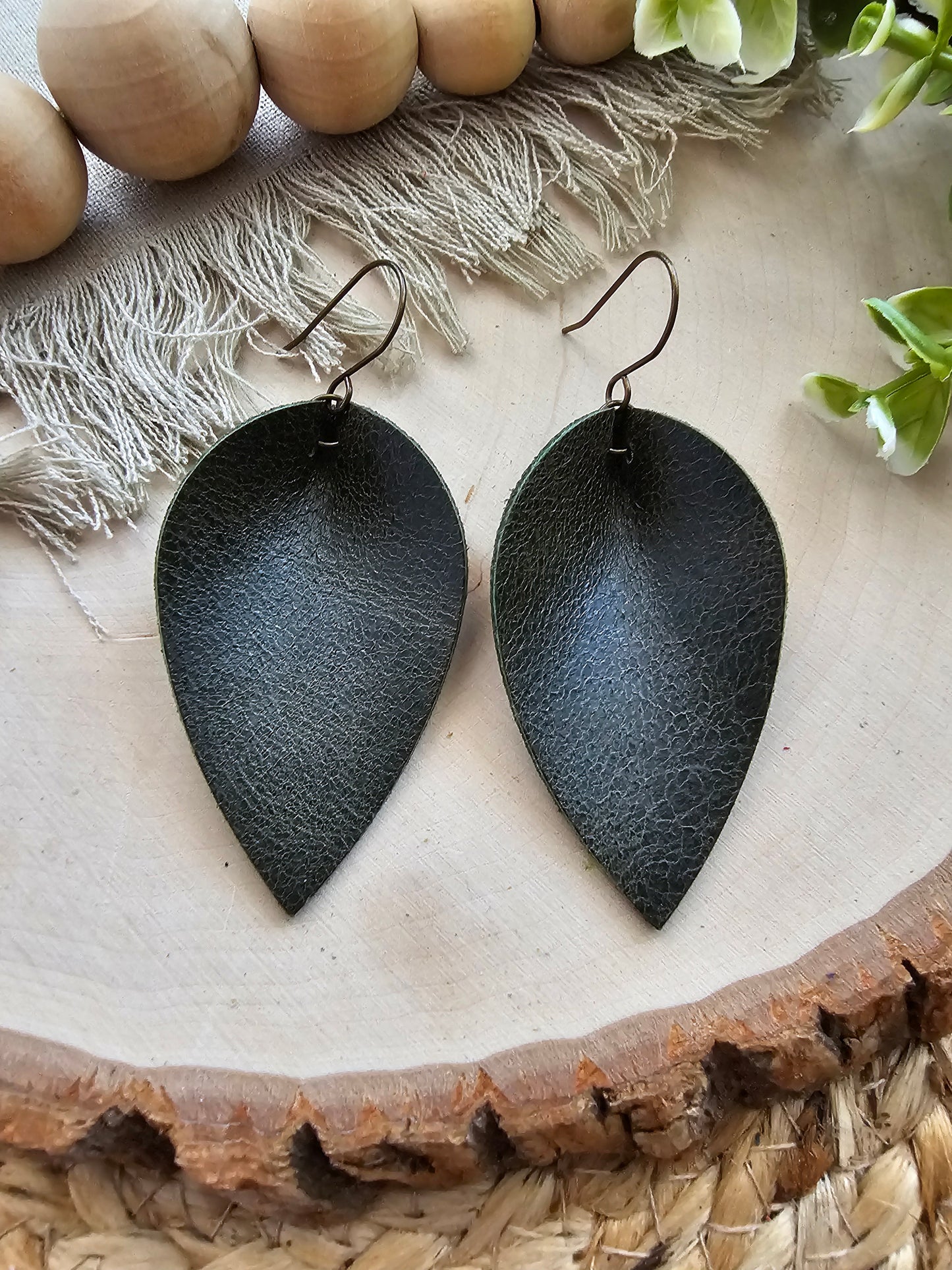 Deep Green Pinched Petal Earrings - Large (2.5")