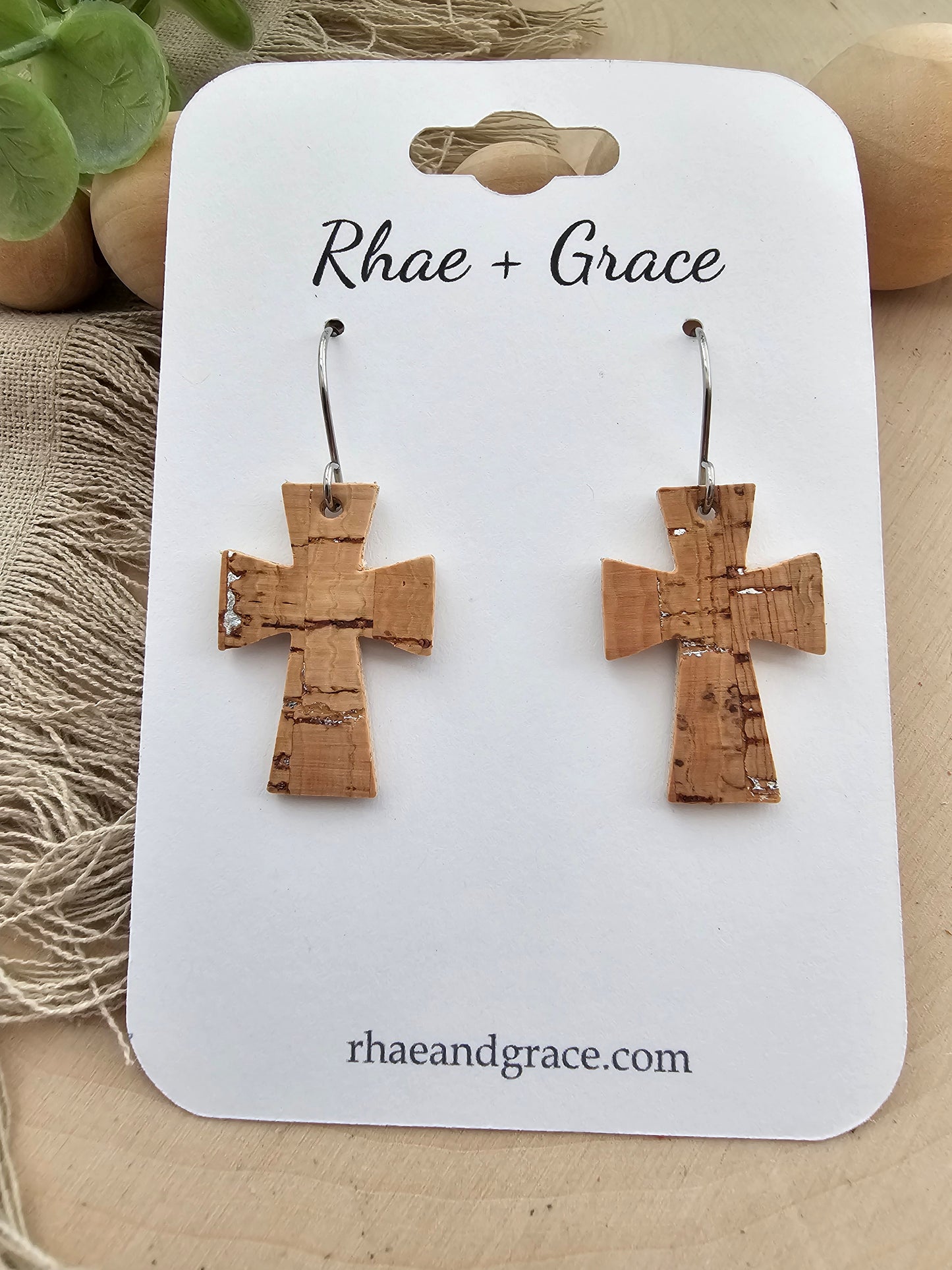 Natural Cork Cross Earrings - Small