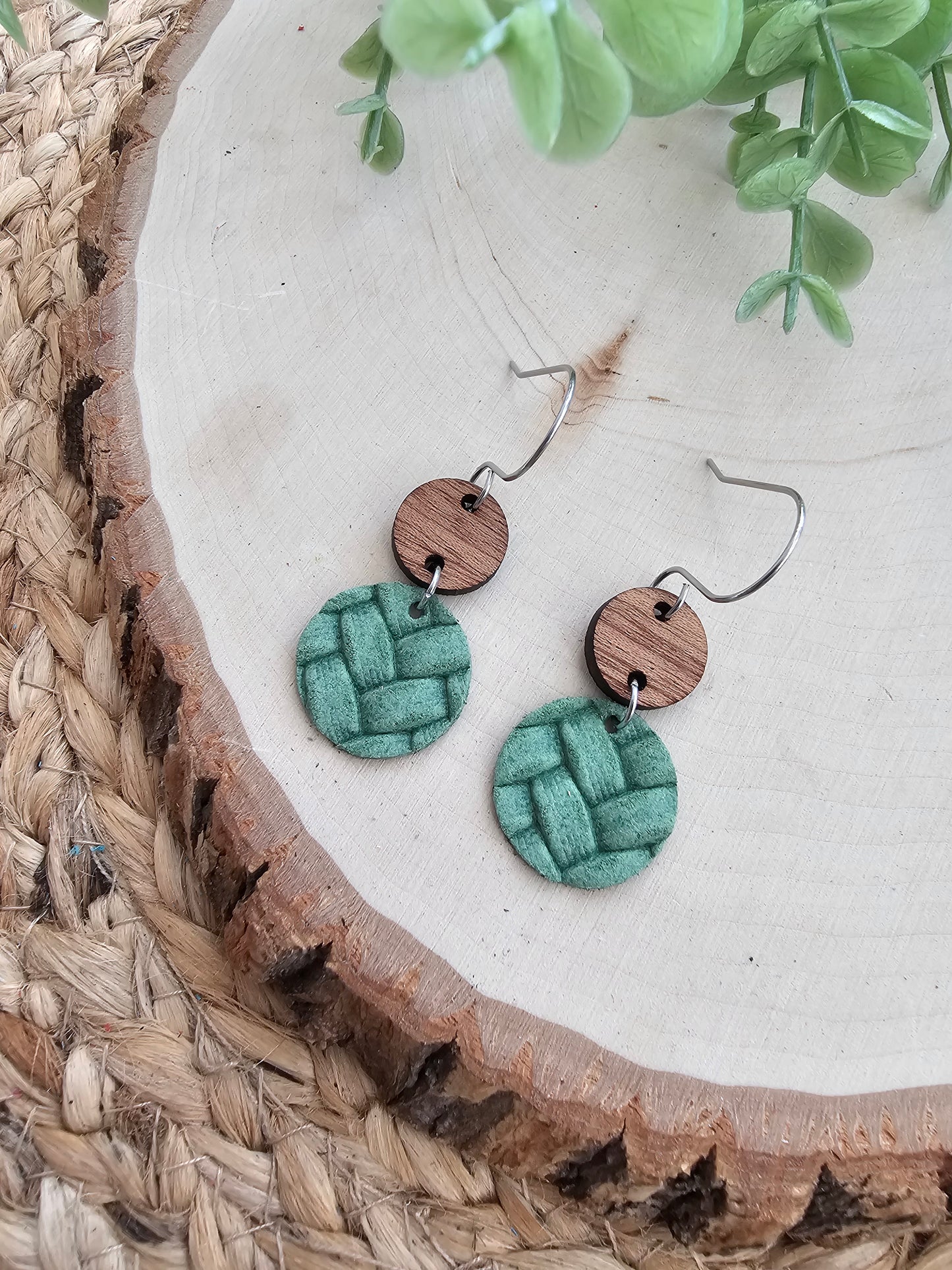 Spring Green Embossed Braid Dainty Circle Earrings