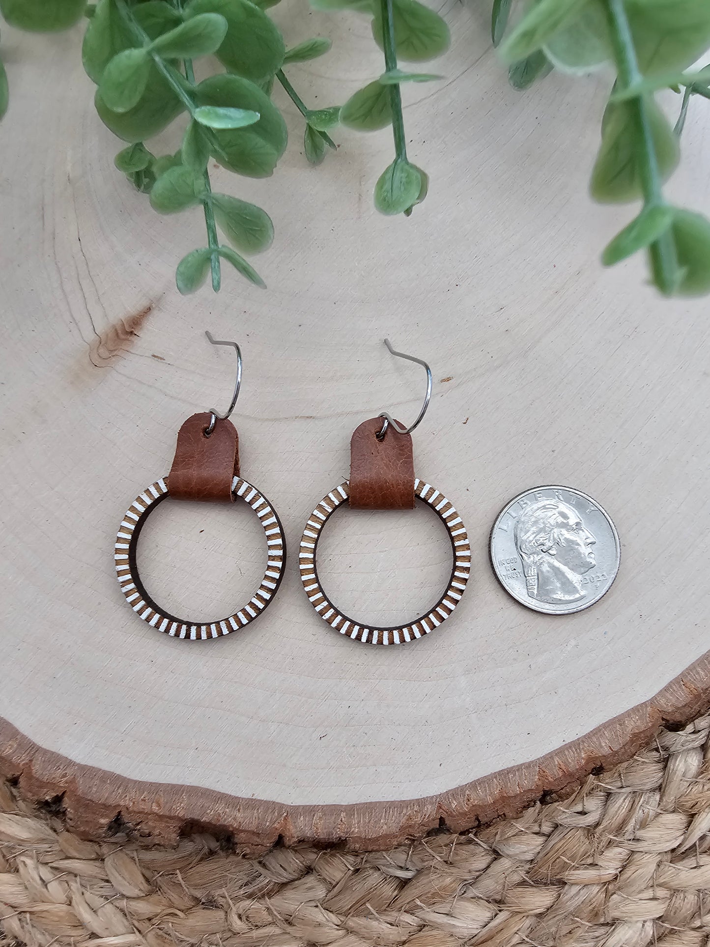 Engraved Striped Wood & Leather Hoop Earrings - 3 Sizes