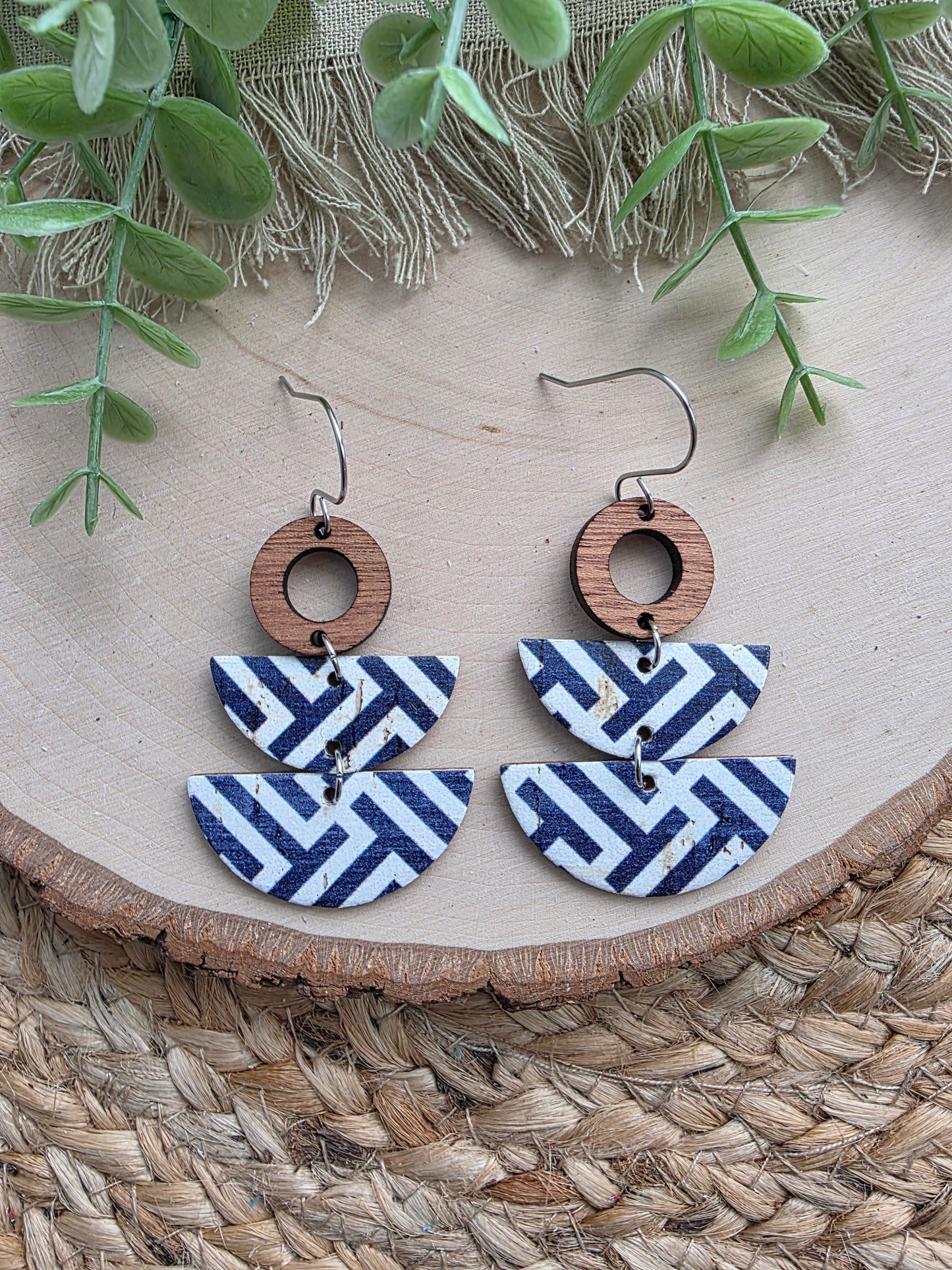 Blue & White Stacked Crescent Dangle Earrings