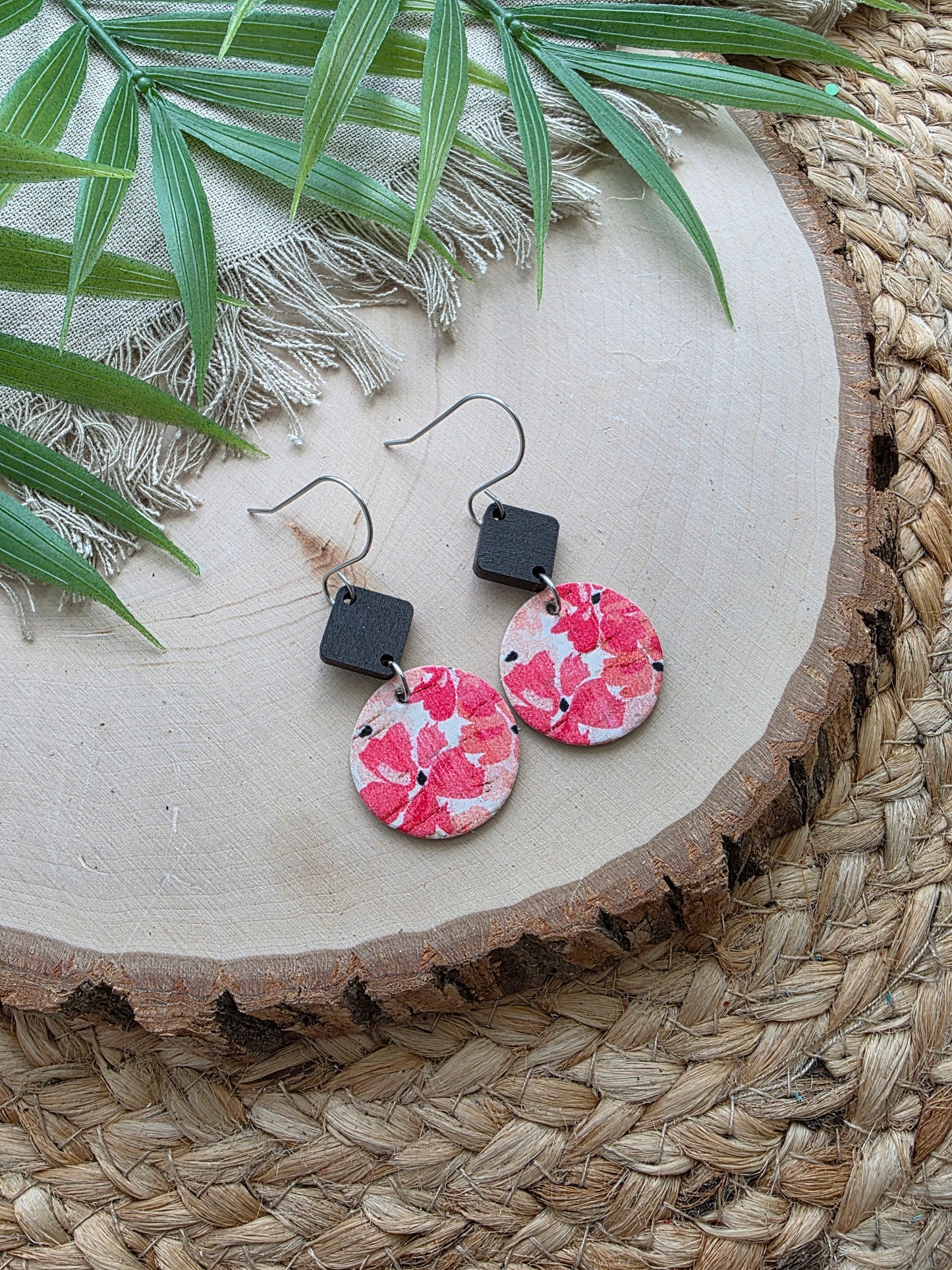 Coral Pink Vinca Floral Circle Earrings