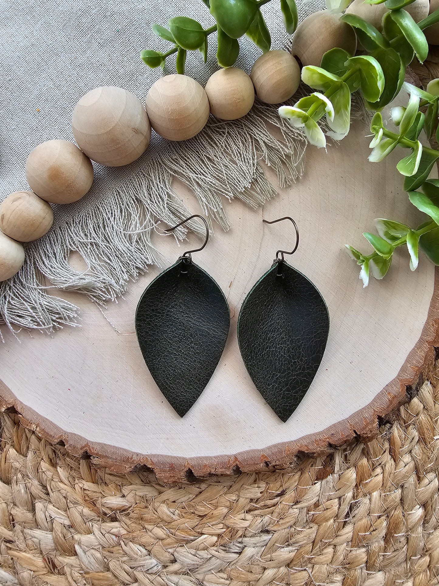 Deep Green Pinched Petal Earrings - Large (2.5")