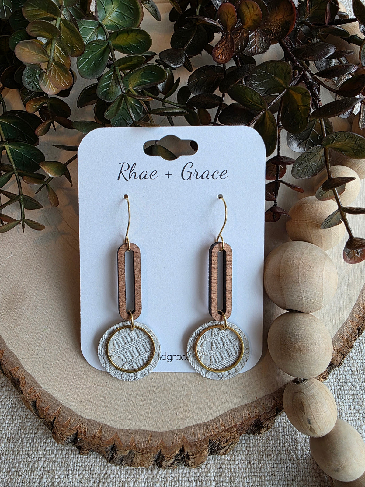 Beige & Gold Round Drop Earrings