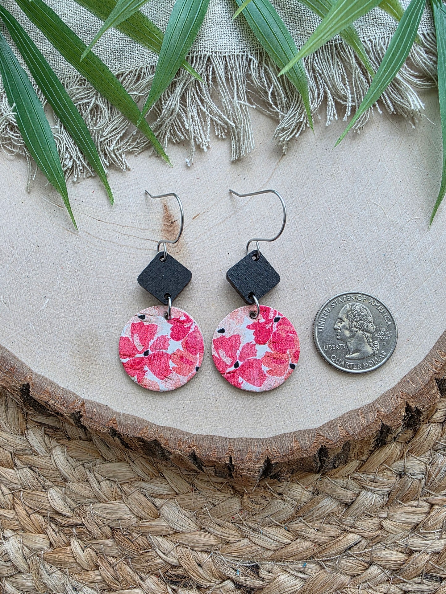 Coral Pink Vinca Floral Circle Earrings