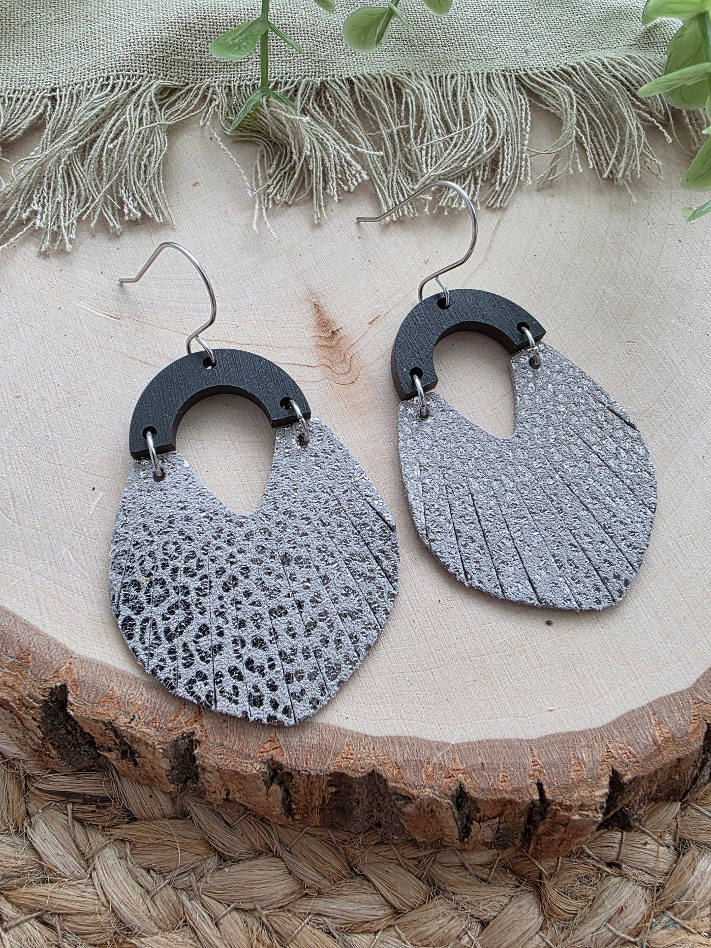 Metallic Silver Micro-Leopard Print Fringe Swoop Earrings