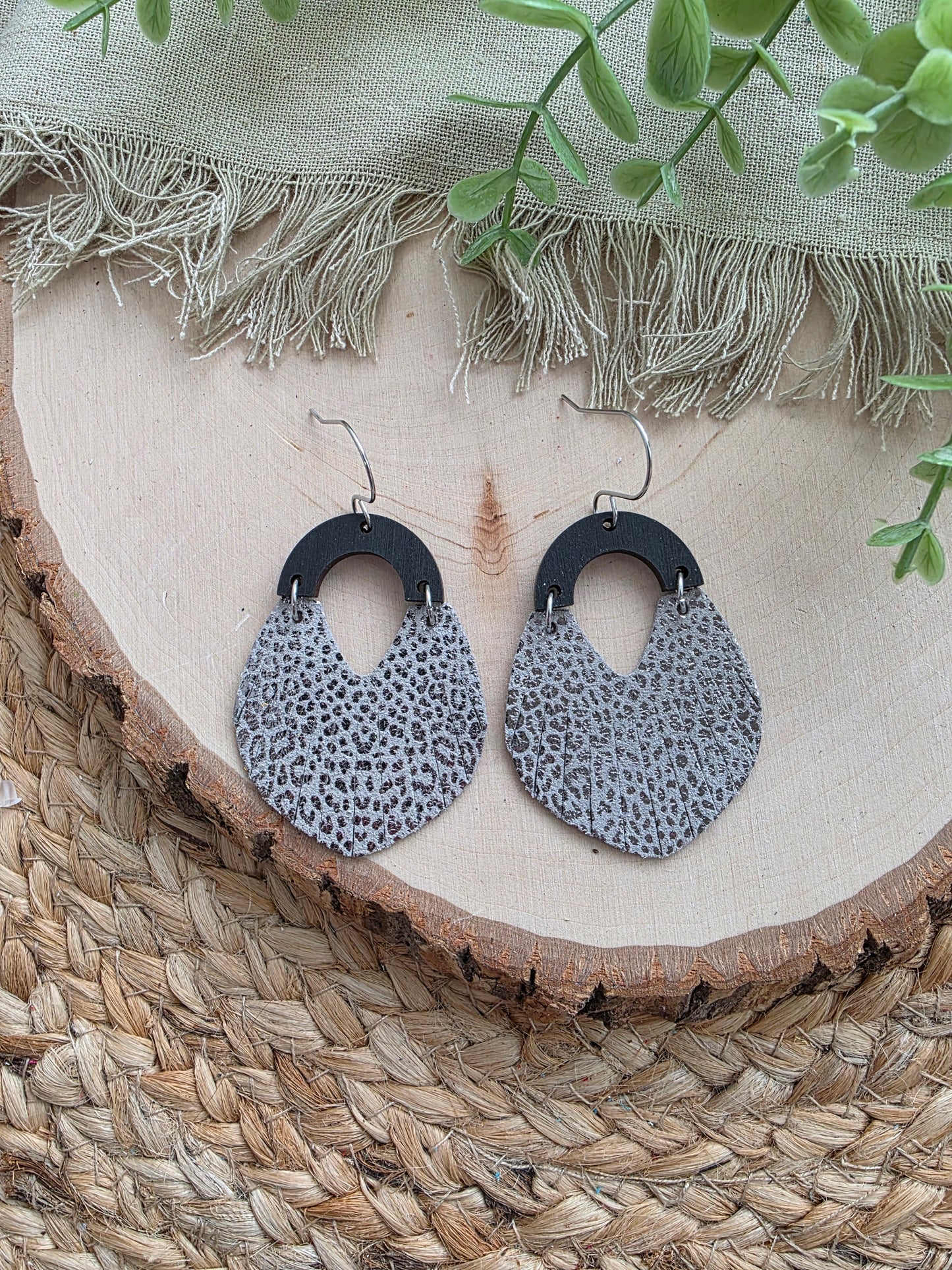 Metallic Silver Micro-Leopard Print Fringe Swoop Earrings