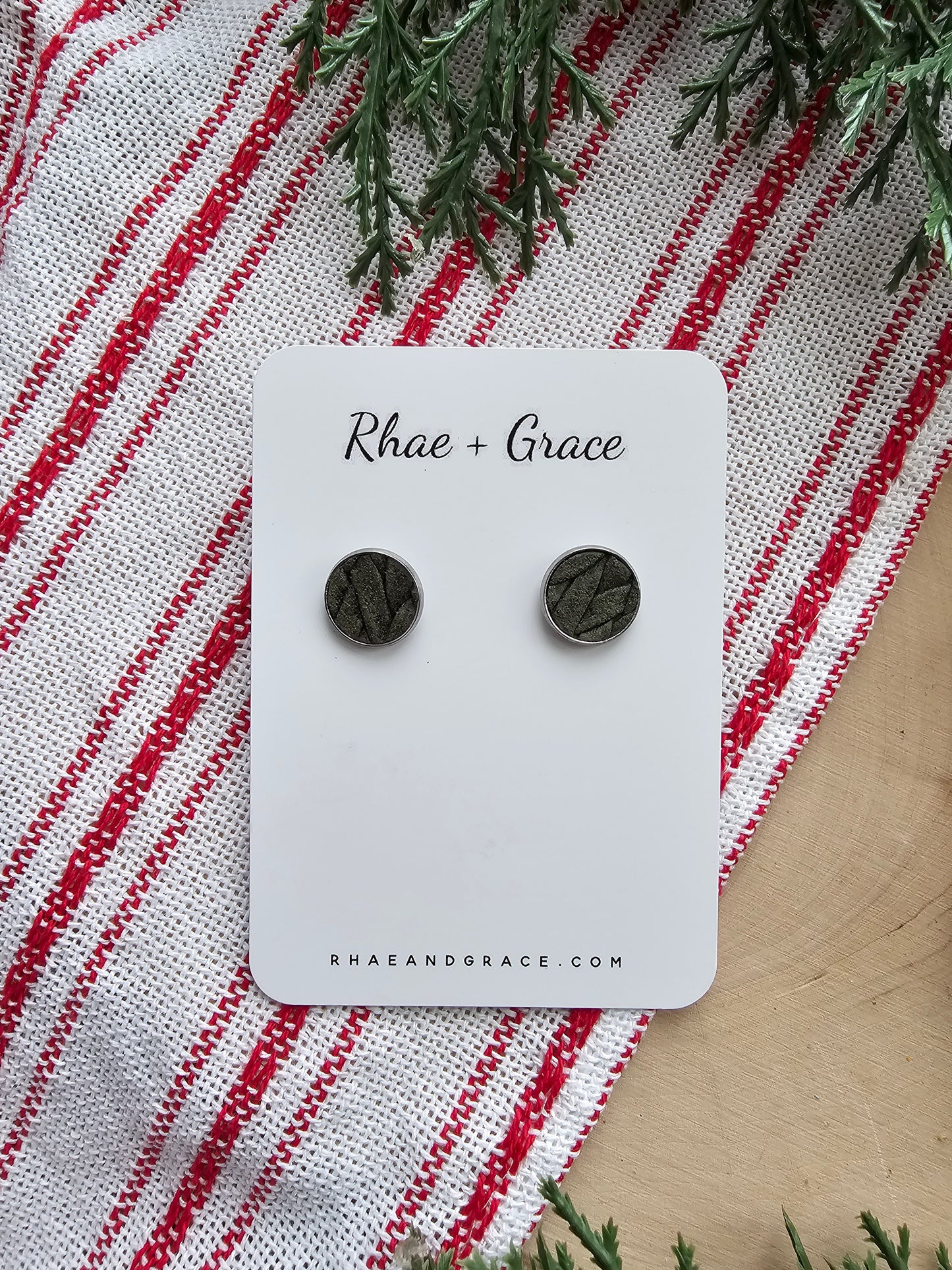 Olive Green Braided Embossed Stud Earrings - 12mm