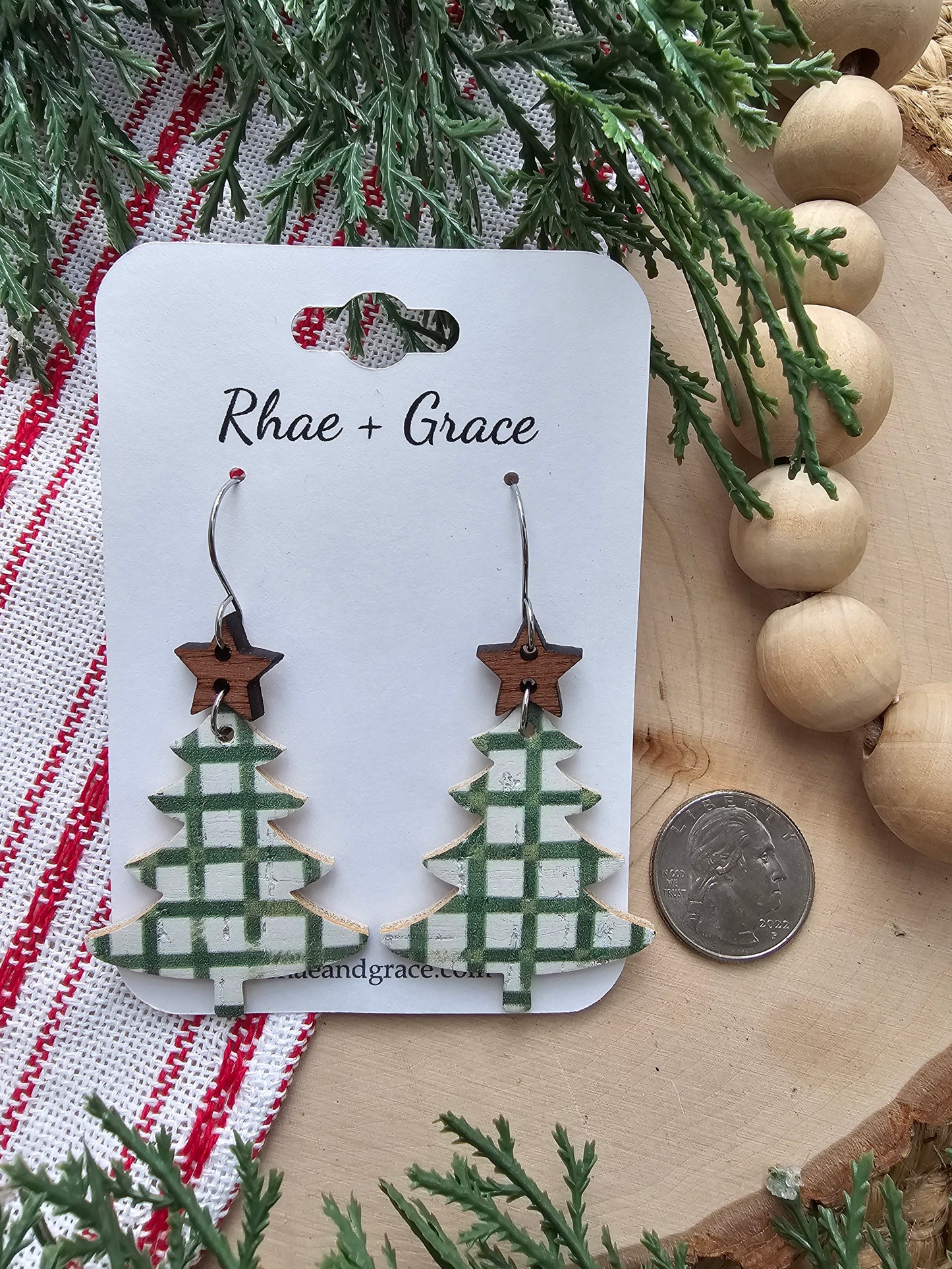 Green Farmhouse Plaid Christmas Tree Earrings