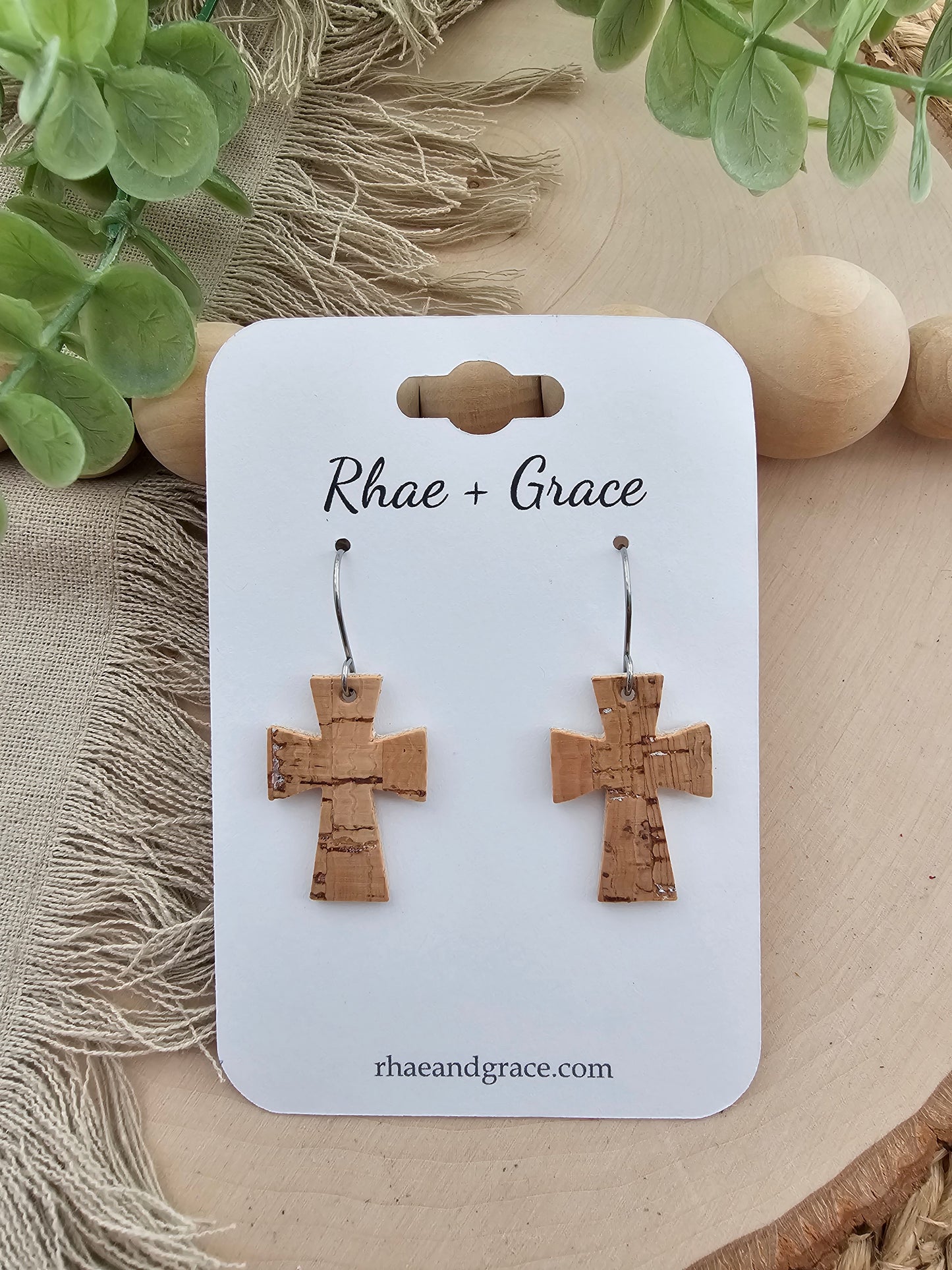 Natural Cork Cross Earrings - Small