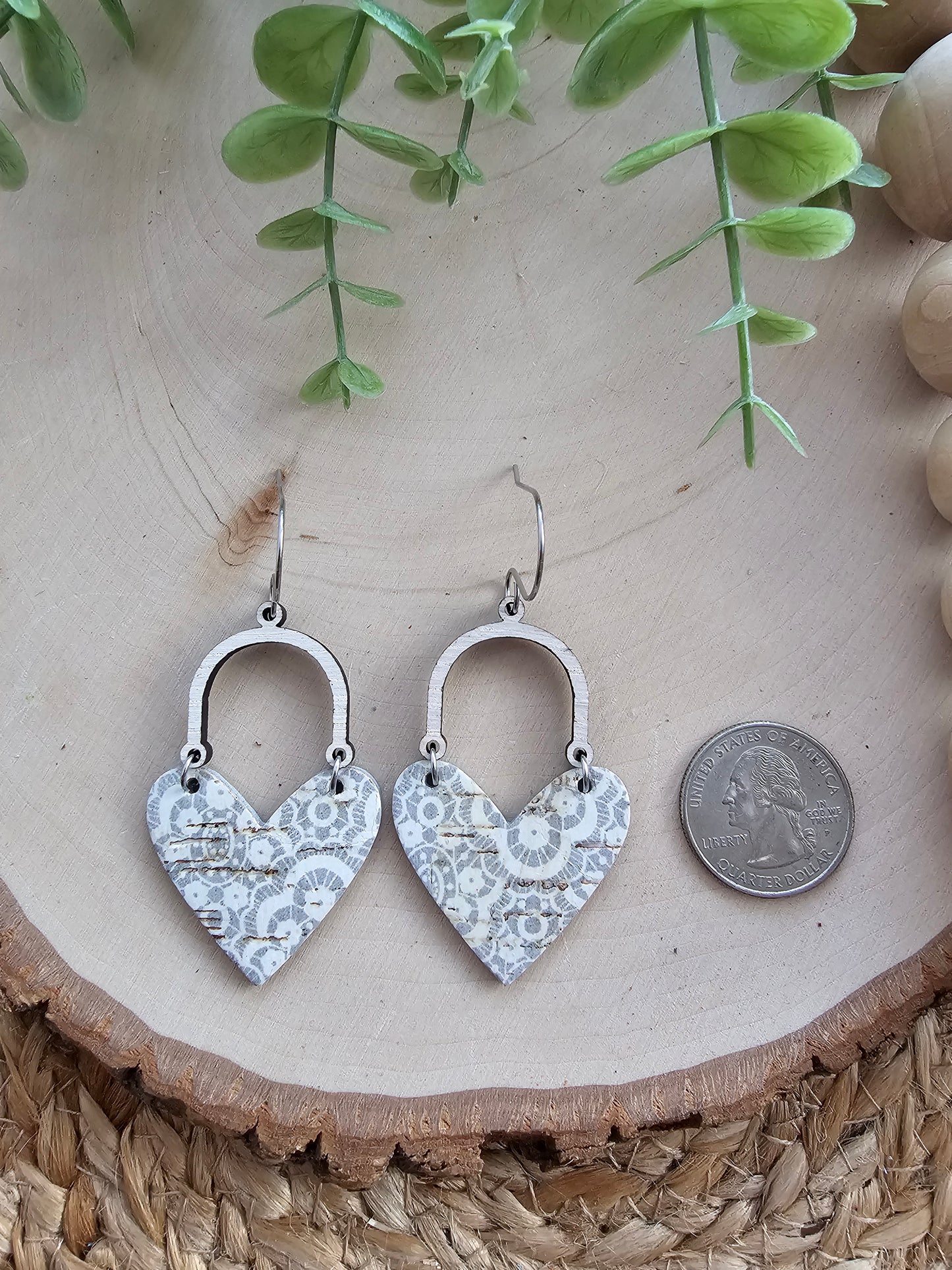 Gray & White Lace Doily Arched Heart Earrings