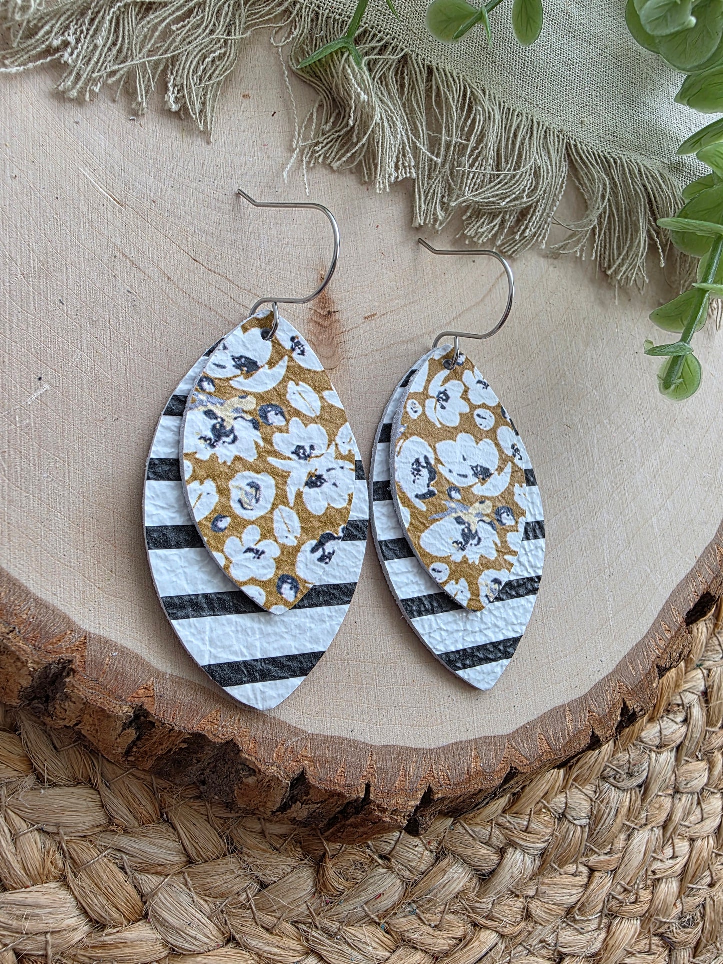 Yellow Floral and Black & White Striped Layered Leaf Earrings