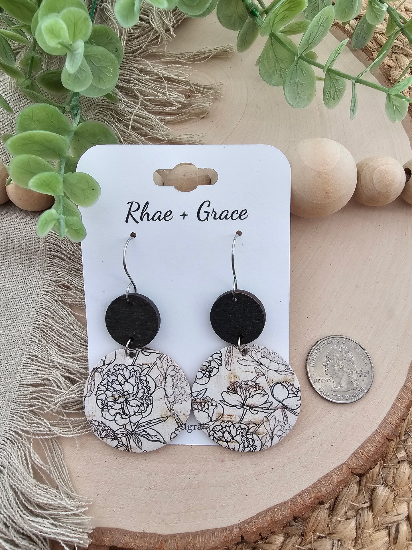 Black & White Sketched Ink Floral Circle Earrings