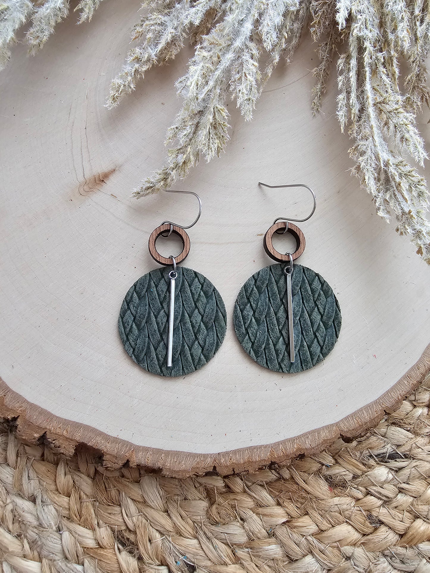Dark Olive Braided Circle Earrings - Silver or Gold