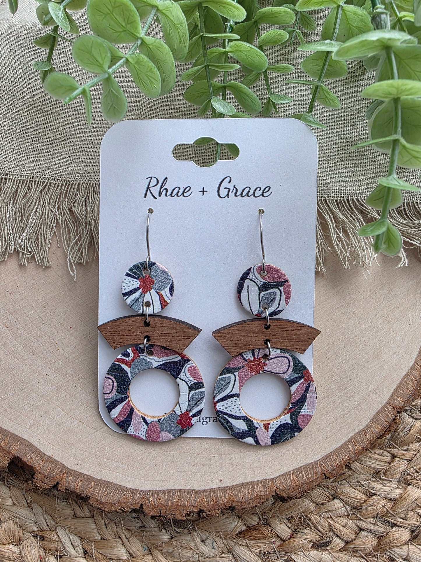 Retro Green & Pink Floral Round Cutout Earrings