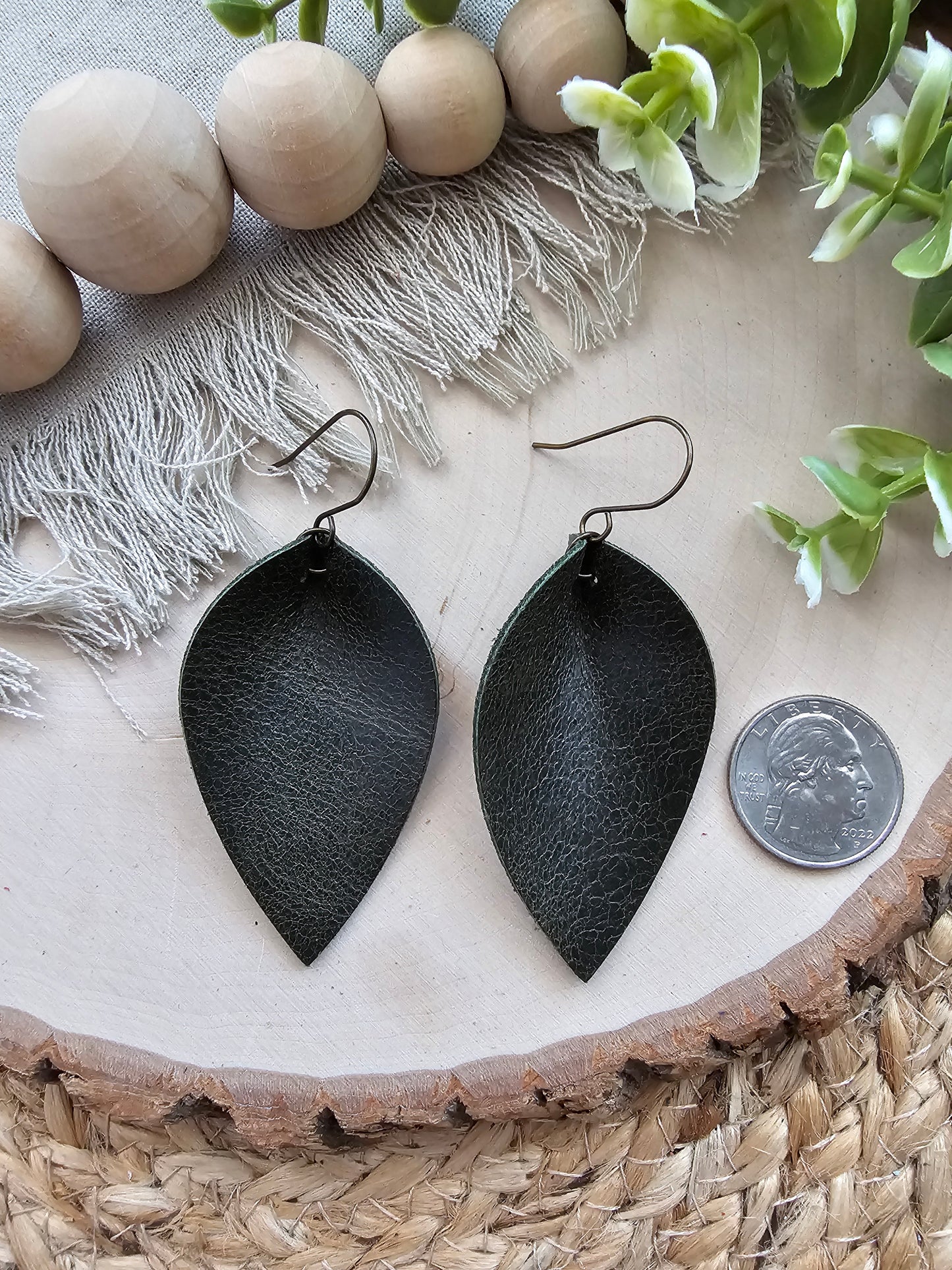 Deep Green Pinched Petal Earrings - Large (2.5")