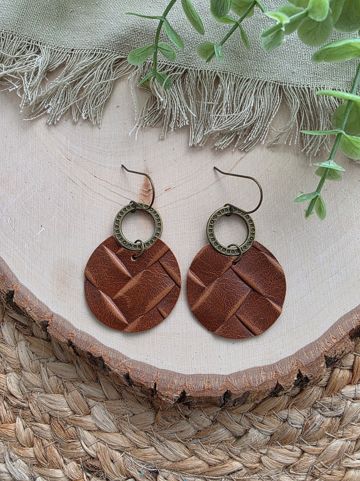 Saddle Brown Box Braid Embossed Circle Earrings