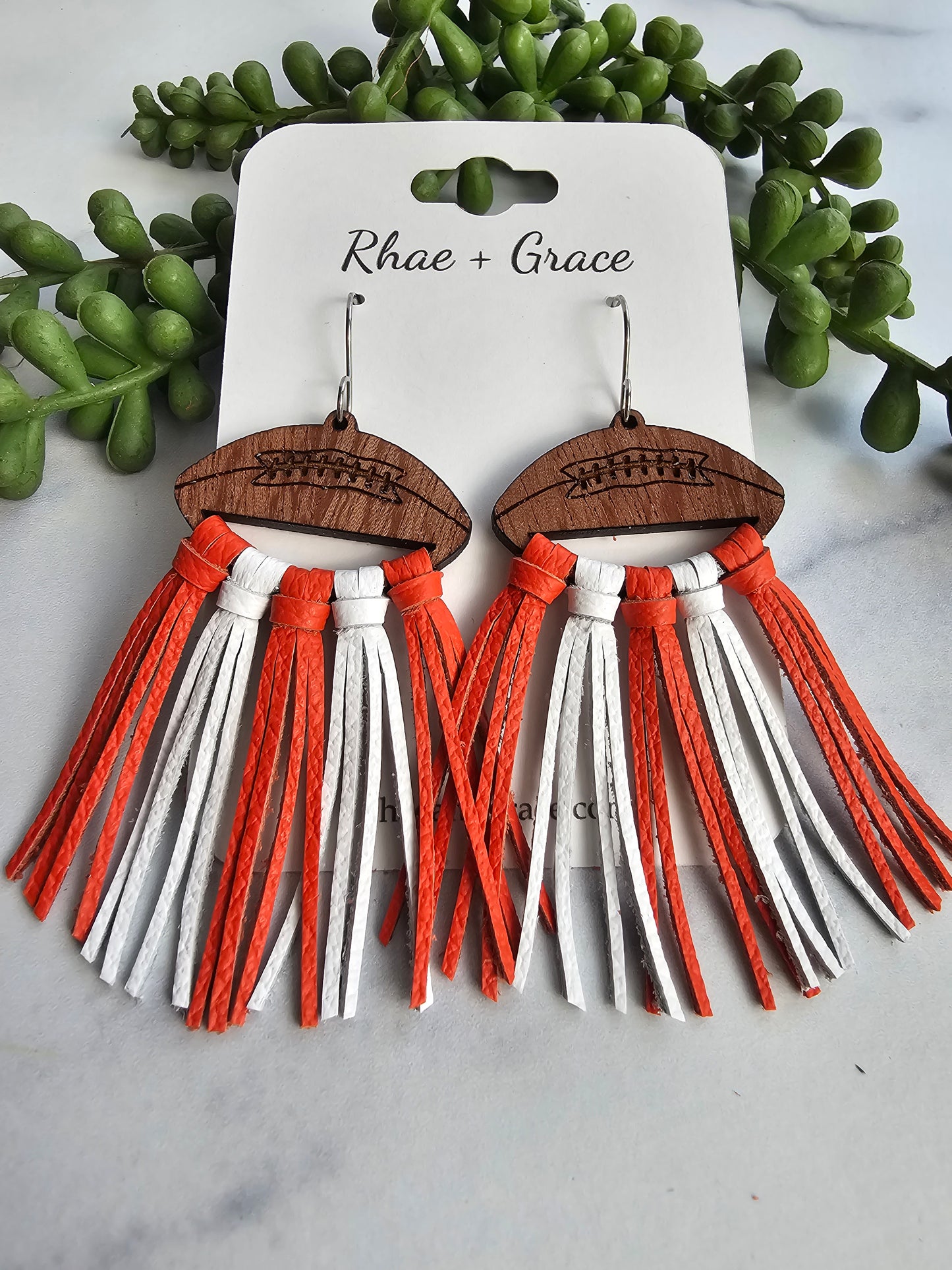 Orange & White Leather Fringe Football Statement Earrings