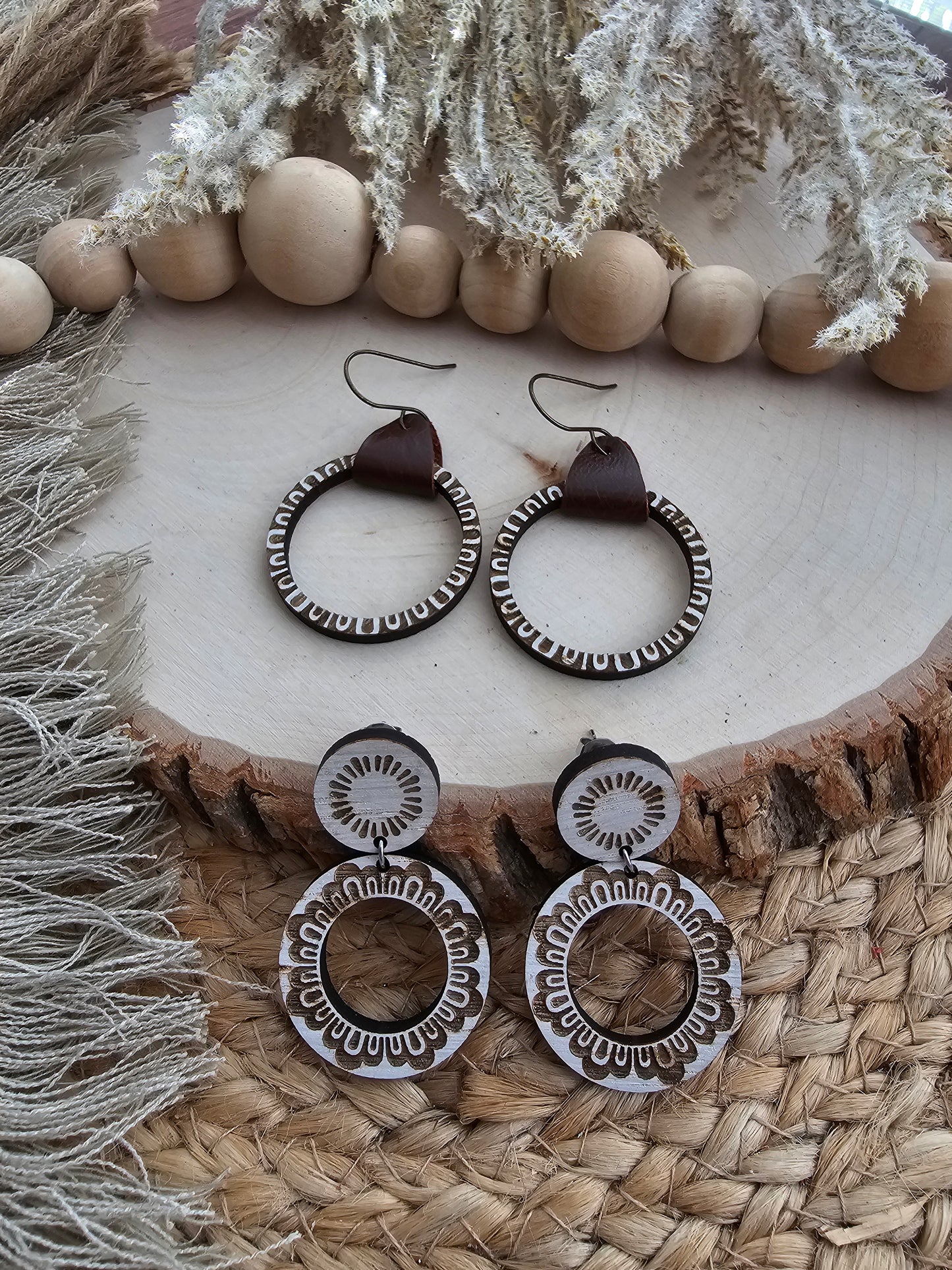 Whitewashed Art Deco Wood Hoop Earrings